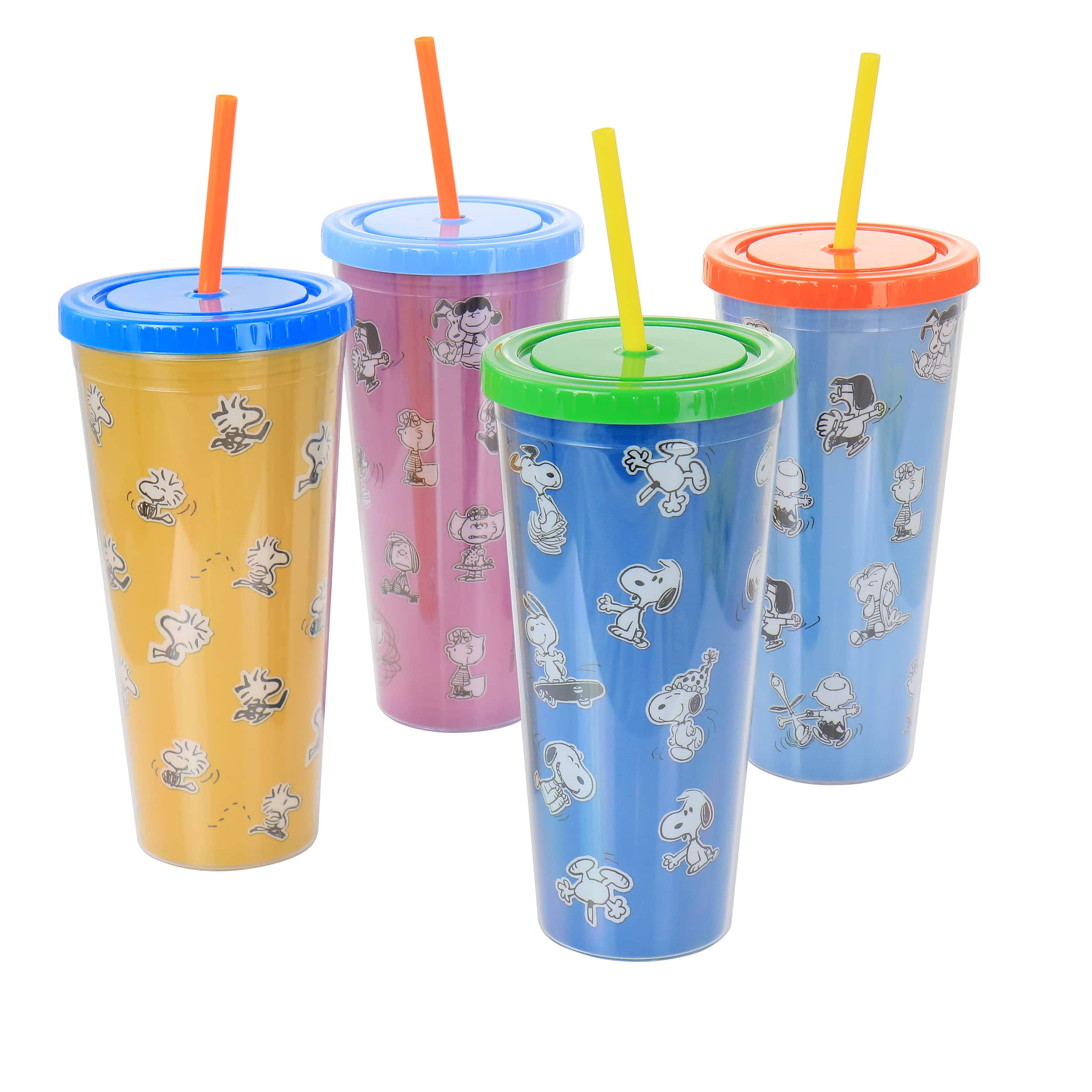 Gibson - Peanuts 70th Anniversary 4 Piece Plastic 23.6oz Tumbler set with Lid and Straw Colors - Assorted