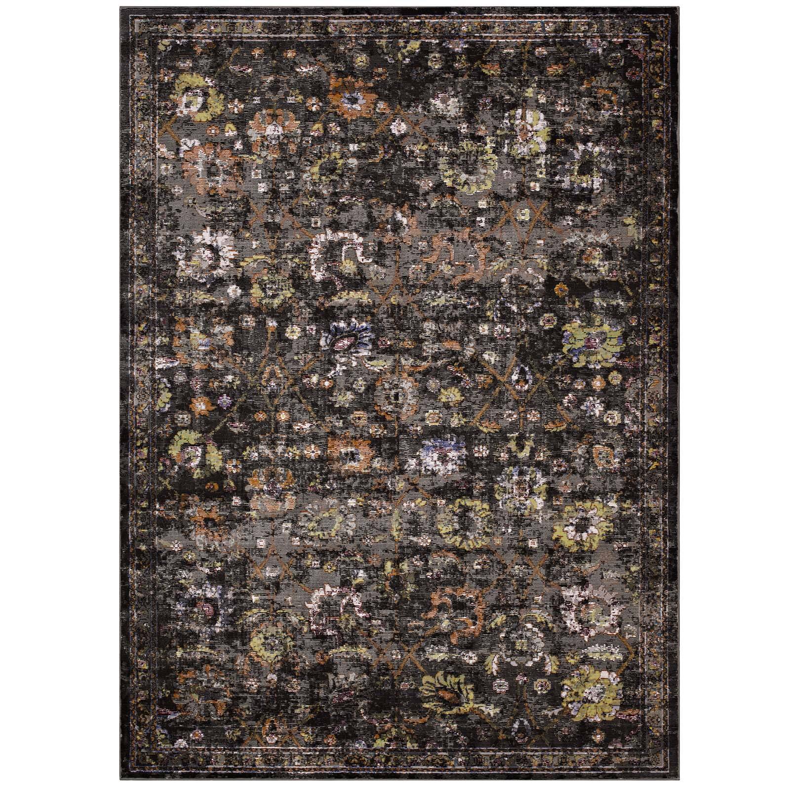 Angle. Modway - Minu Distressed Floral Lattice Area Rug - Black Yellow and Orange.