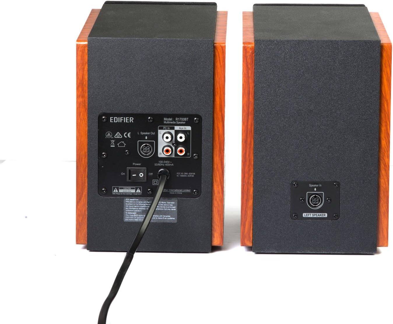 Edifier Model: R1700BT Multimedia Speaker CE I Speaker Out & L PC in Aux - . Power 100 100-20V SOROH Amora On 1 OR -E . i - e H-20 - Limma Speaker in - - - - LEFT SPEAKER