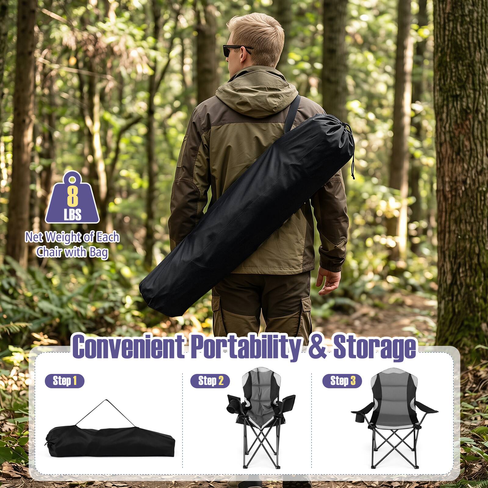 8 LBS Net Weight of Each Chair with Bag

Convenient Portability & Storage
Step 1
Step 2
Step 3