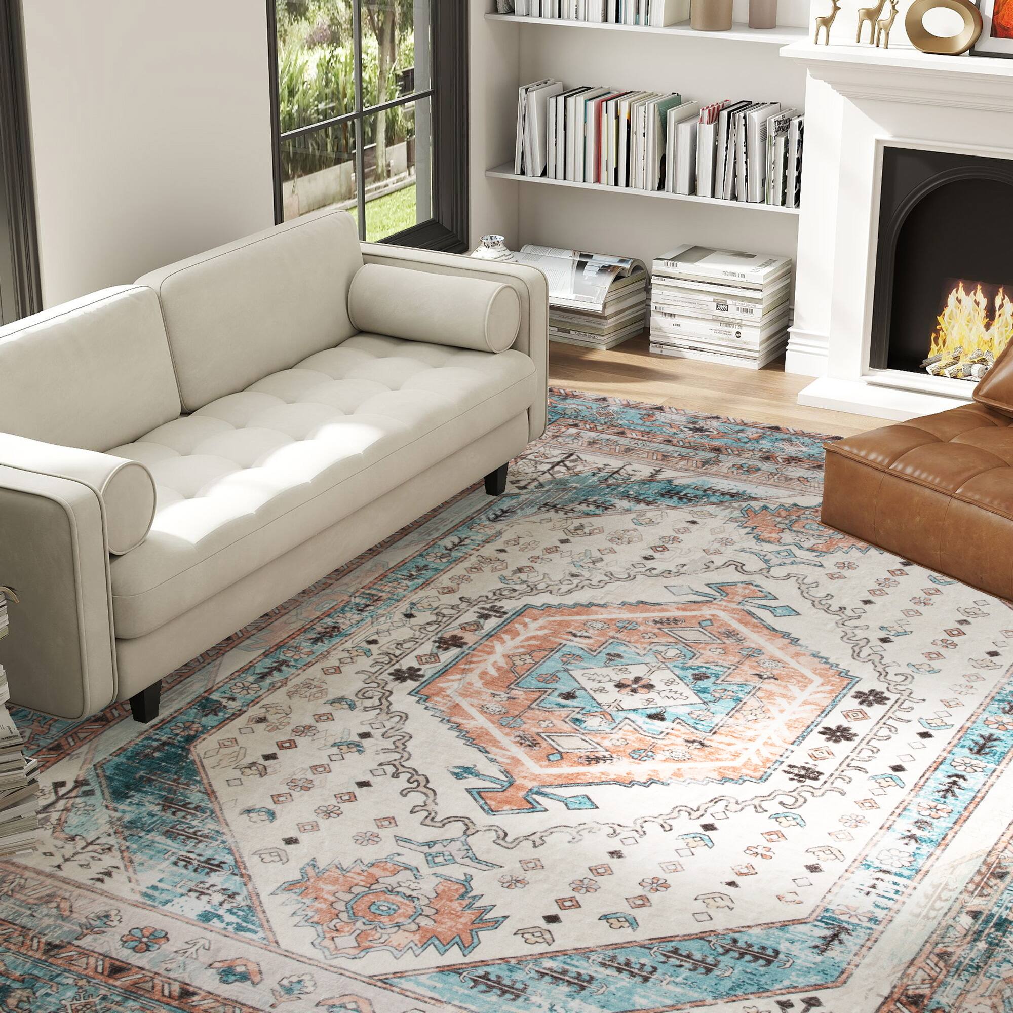 Alt View 2. Homcom - HOMCOM 8x10 Distress Rug: Vintage Mach-Wash Non-Slip Carpet Blue, Indoor Boho Area High Traffic - Brown and Blue.