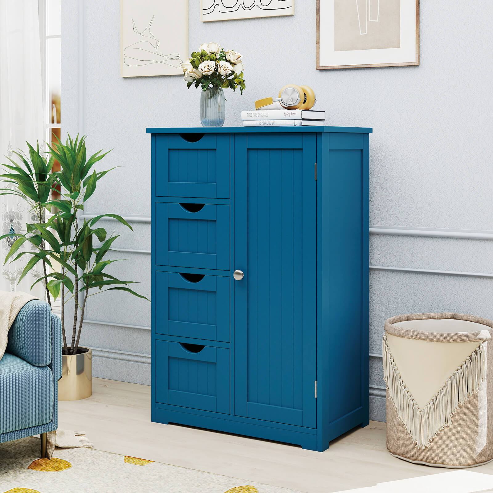 Alt View 3. Costway - Costway Wooden 4 Drawer Free Standing Bathroom Floor Cabinet Storage Cupboard Adjustable - Blue.