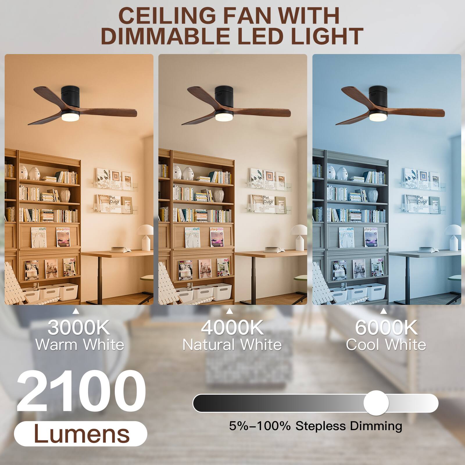 CEILING FAN WITH DIMMABLE LED LIGHT

3000K Warm White  
4000K Natural White  
6000K Cool White  

2100 Lumens  

5%-100% Stepless Dimming