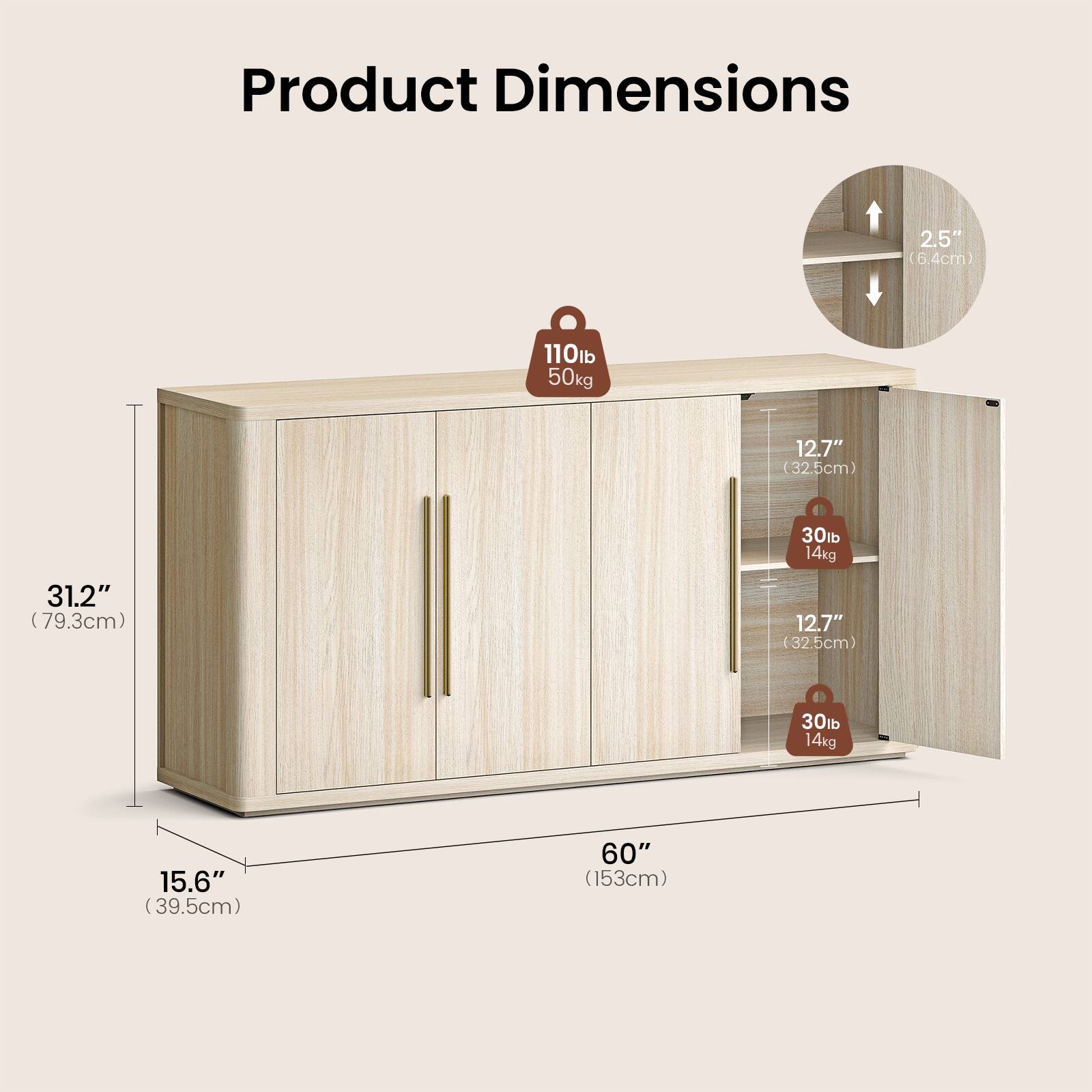 Product Dimensions: 2.5" (6.4cm), 110lb (50kg), 12.7" (32.5cm), 31.2" (79.3cm), 30lb (14kg), 12.7" (32.5cm), 30lb (14kg), 15.6" (39.5cm), 60" (153cm)