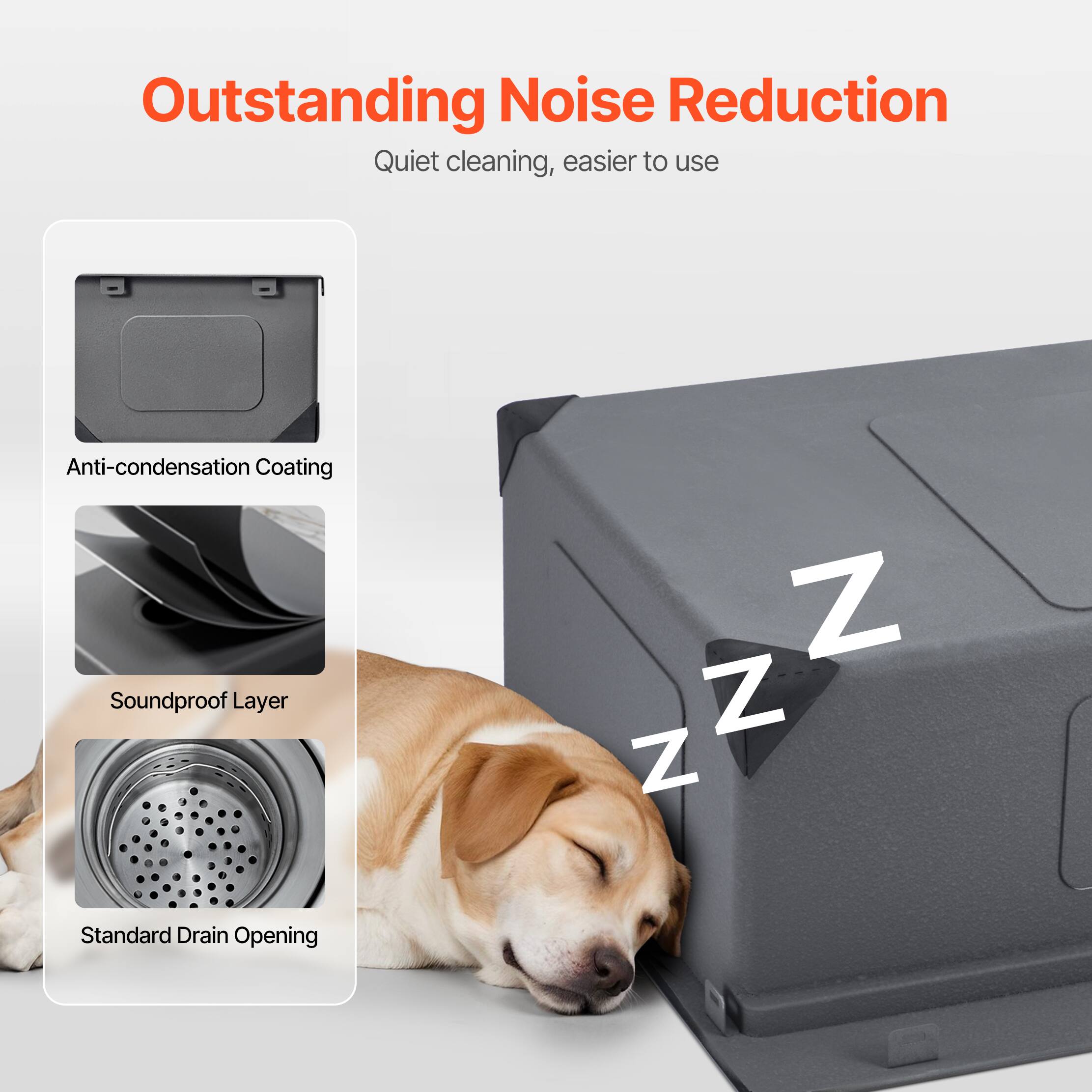 Outstanding Noise Reduction
Quiet cleaning, easier to use

Anti-condensation Coating
Soundproof Layer
Standard Drain Opening