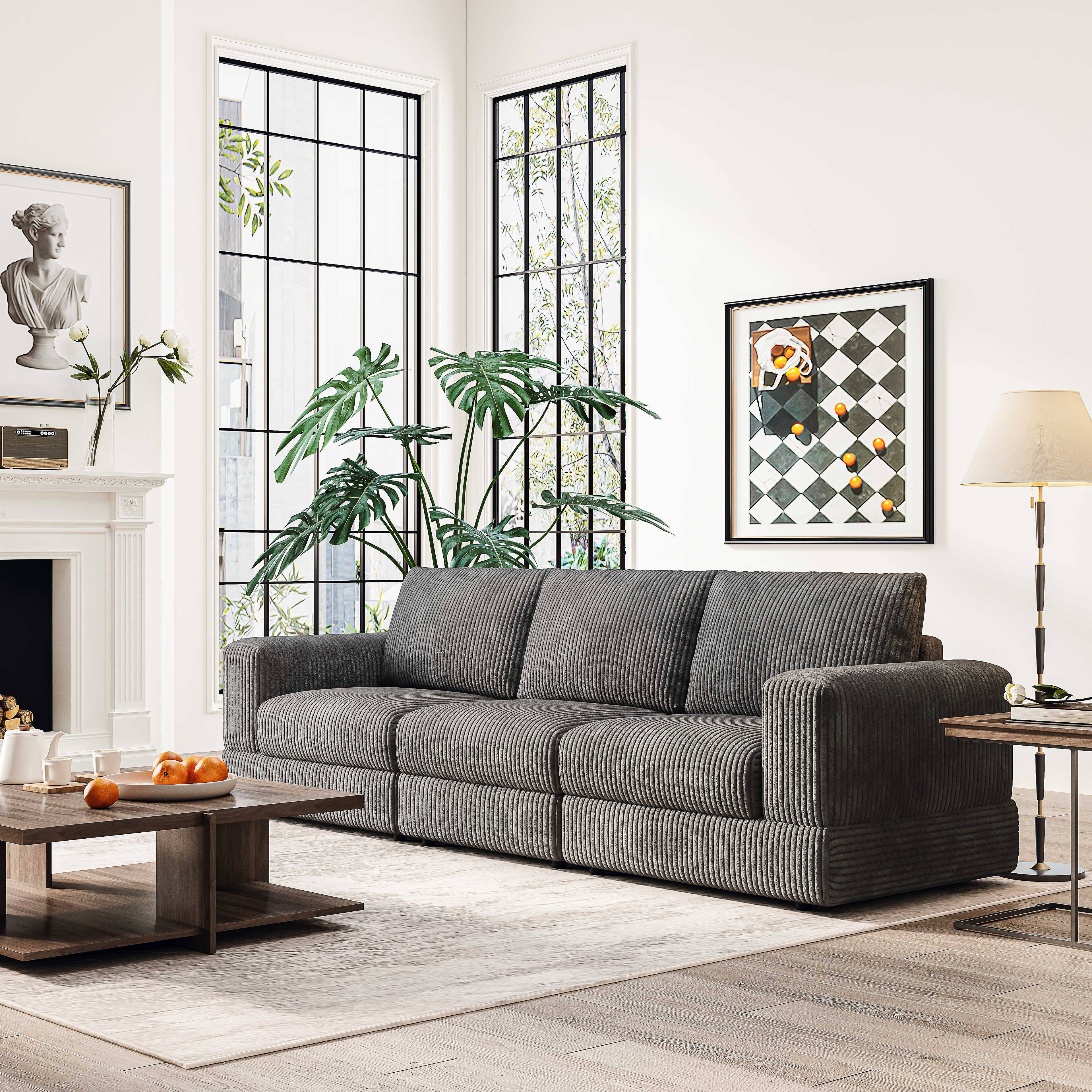 MSOOB - 107" Corduroy Sectionals Sofa, 3 Seater Modern Modular Oversized Upholstered Couch with Comfy Deep Seat for Living Room - Dark