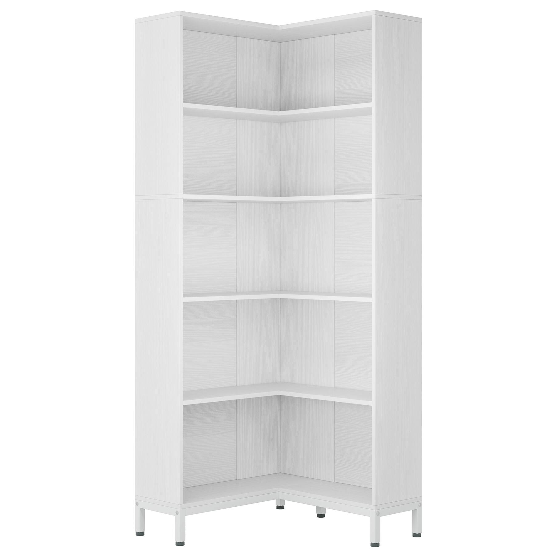 Front. TinyHomie - 70.87in Tall Corner Bookcase 5-Tiers L-Shaped White Bookshelf Industrial Etagere Tall Storage Display Rack - White.