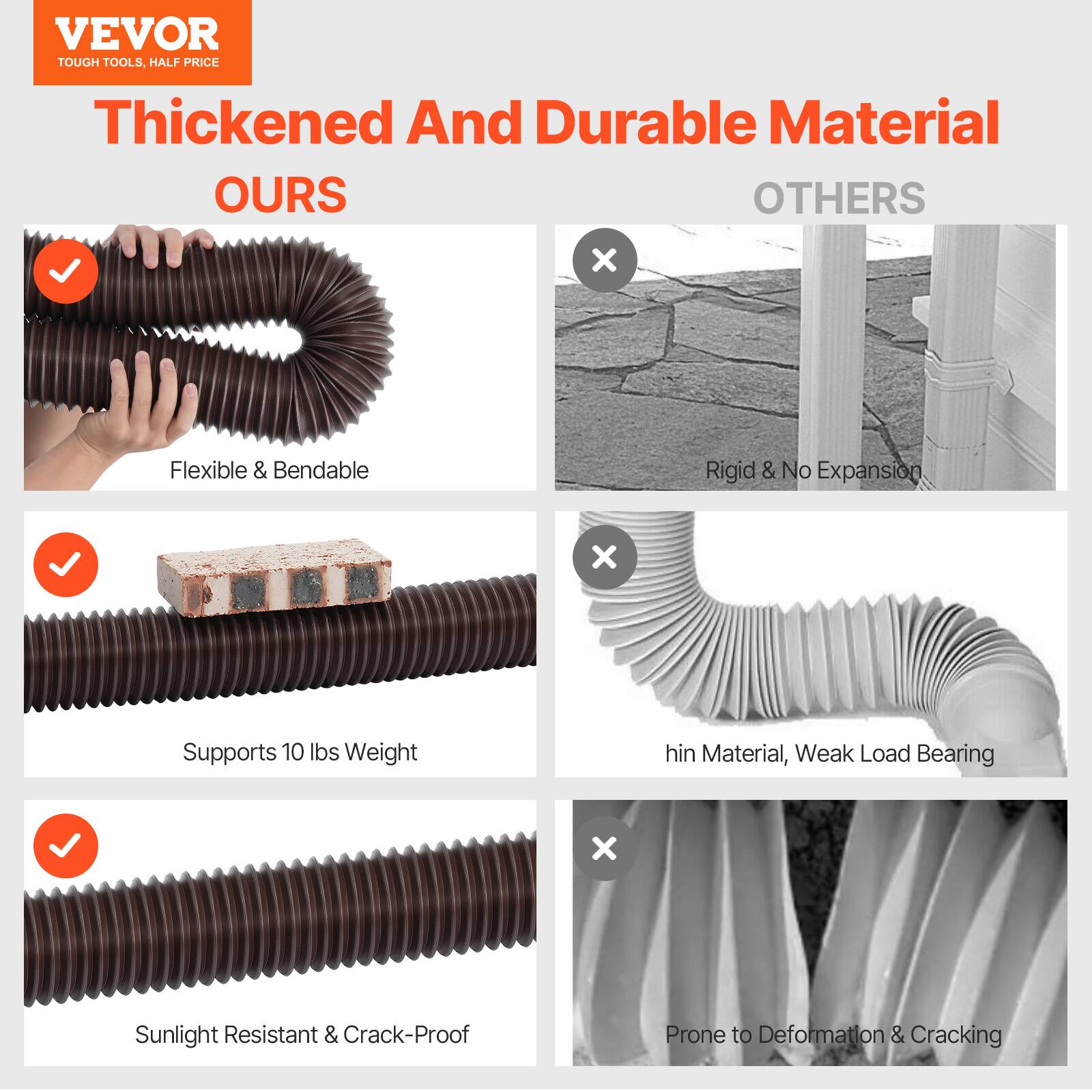VEVOR TOUGH TOOLS, HALF PRICE Thickened And Durable Material OURS OTHERS
✓ Flexible & Bendable Rigid & No Expansion x
✓ Supports 10 lbs Weight hin Material, Weak Load Bearing x
✓ Sunlight Resistant & Crack-Proof Prone to Deformation & Cracking