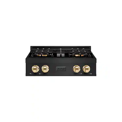 Front. ZLINE - ZLINE Autograph 30 in. Black Steel Classic Gas Cooktop with 4 DuoPro Burners and Gold Accents (PCRTBZ-30-G) - Black Stainless Steel.