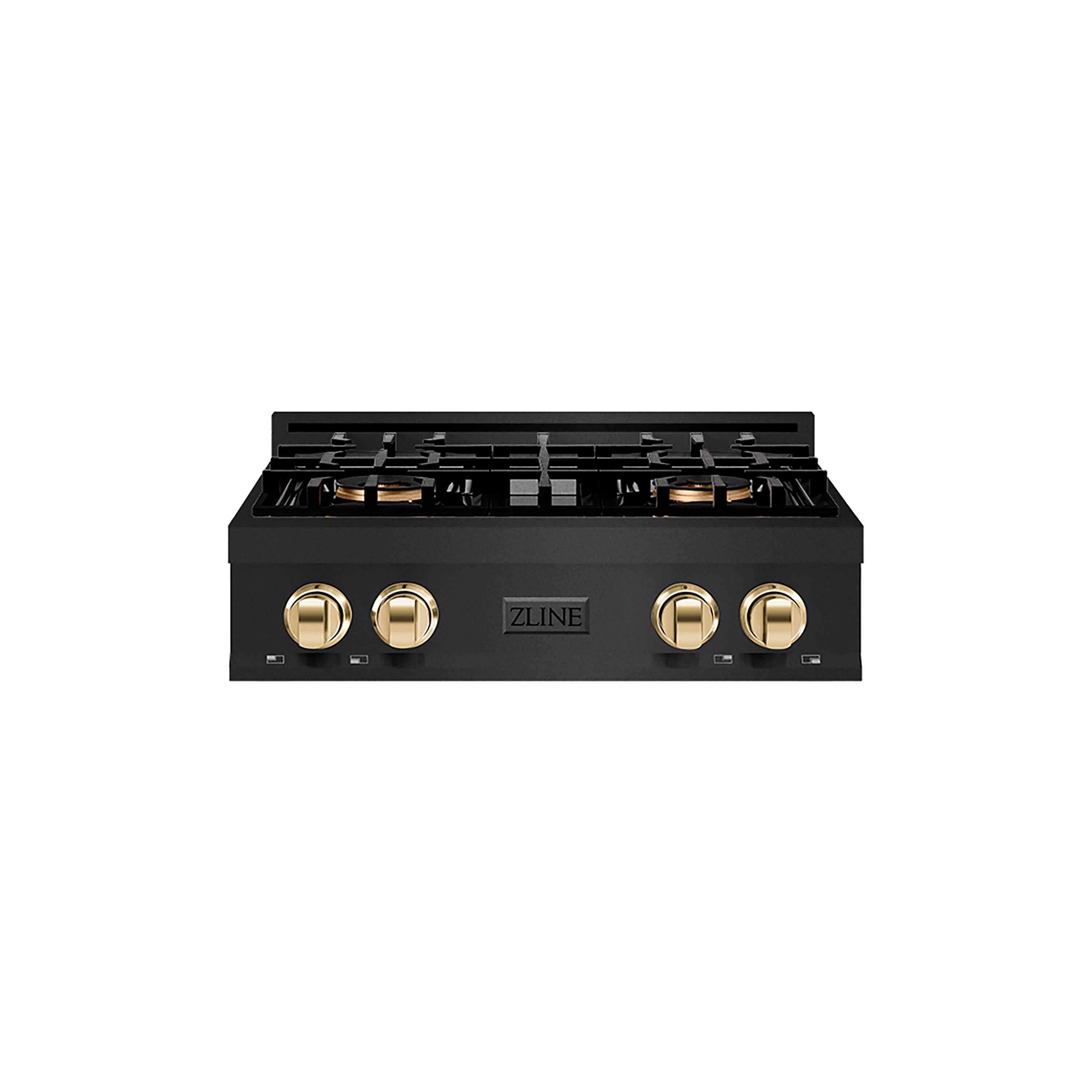 Front. ZLINE - ZLINE Autograph 30 in. Black Steel Classic Gas Cooktop with 4 DuoPro Burners and Gold Accents (PCRTBZ-30-G) - Black Stainless Steel.