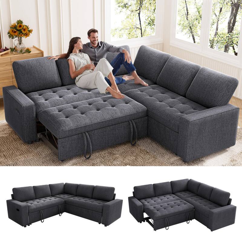Front. Vipbear - Vipbear Sleeper Sofa with Pull Out Bed, L Shaped 5 Seat Modular Sectional Sofa with USB Ports & Adjustable Backrest - Grey.