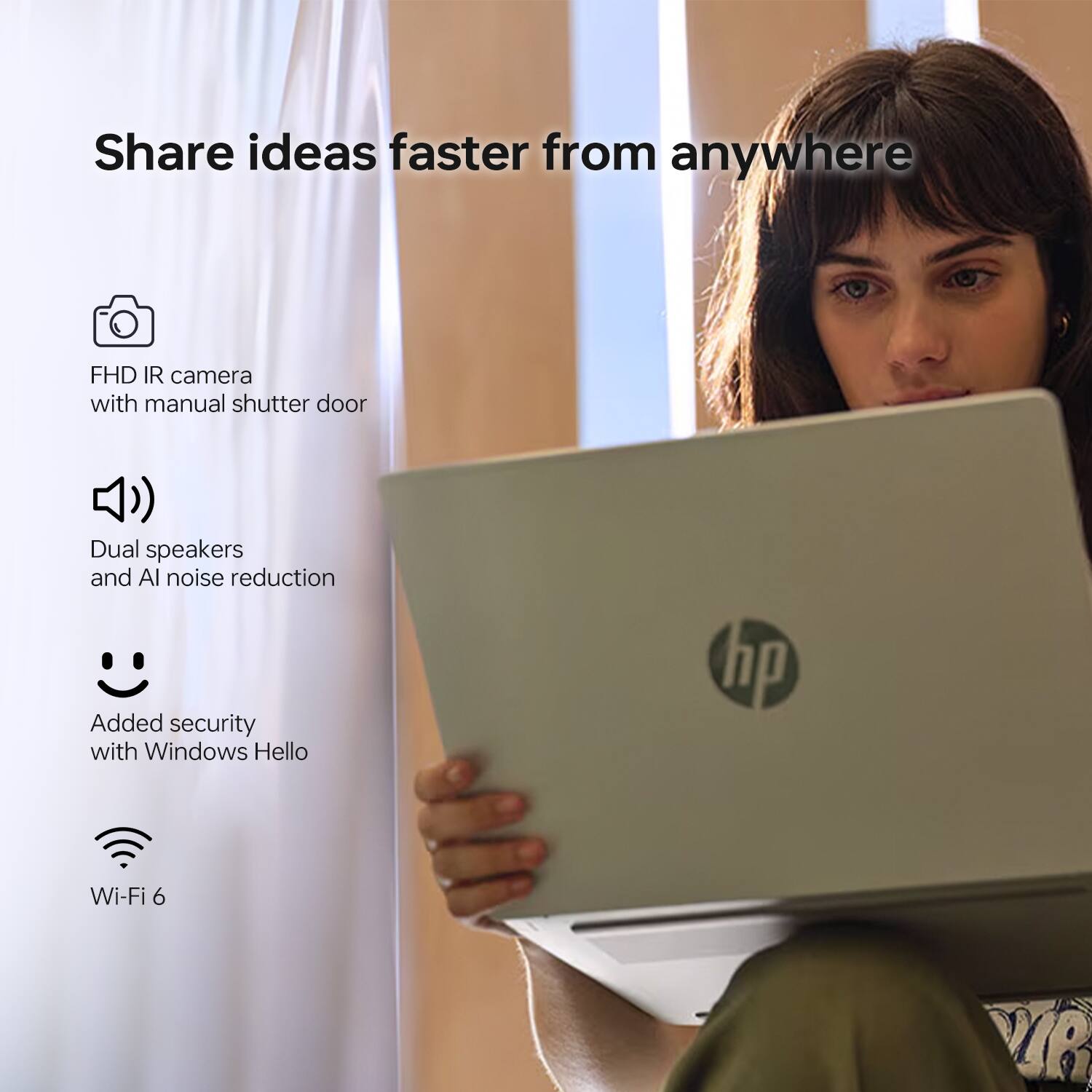 Share ideas faster from anywhere

- FHD IR camera with manual shutter door
- Dual speakers and AI noise reduction
- Added security with Windows Hello
- Wi-Fi 6