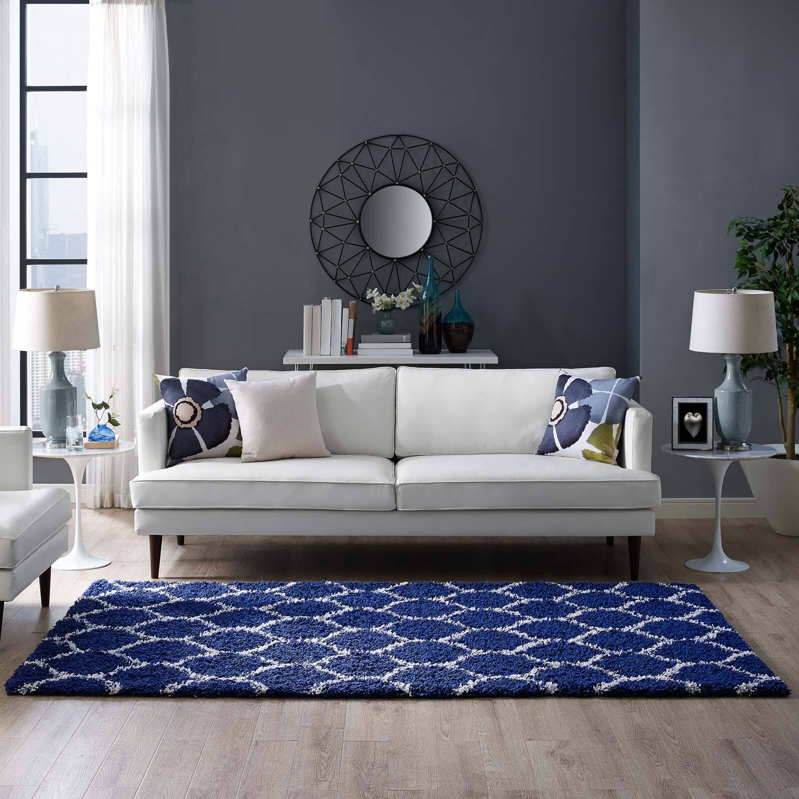 Left. Modway - Solvea Moroccan Trellis Shag Area Rug - Navy and Ivory.