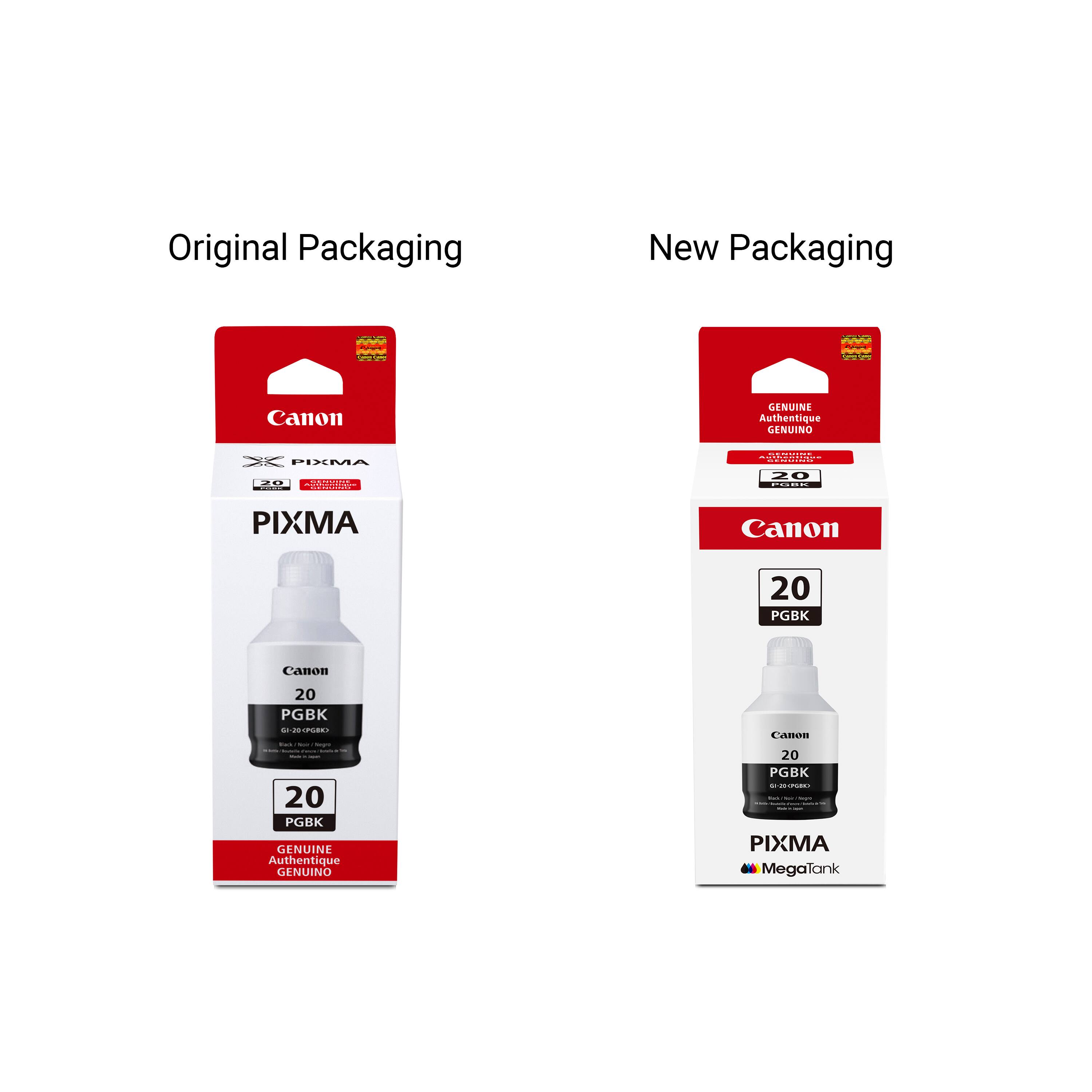 Original Packaging  
New Packaging  

Aa : ad aidas  
CO | Canon GENUINE Authentique GENUINO XK PILMA .... |  
WOCPN 20 : PIXMA Canon 20 PGBK Canon 20 PGBK OdCR  
I I : 20 PGBK GENUINE Authentique GENUINO Canom 20 PGBK - BR  
PIXMA MegaTank