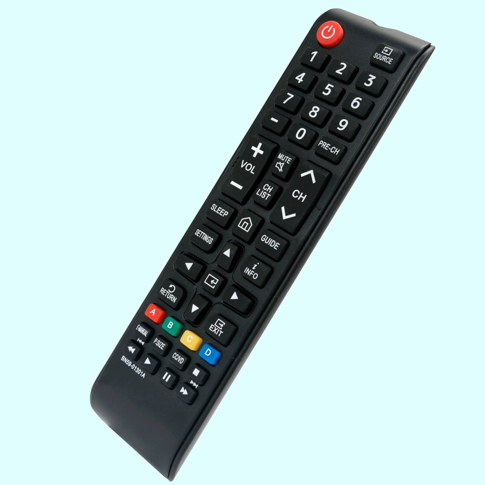 1 SOURCE 2 4 3 5 7 6 8 - 9 0 + PRE-CH MUTE VOL - CH LIST CH SLEEP SETTINGS GUIDE INFO RETURN A B C D EXIT P-SIZE CCNVD BN59-0301A