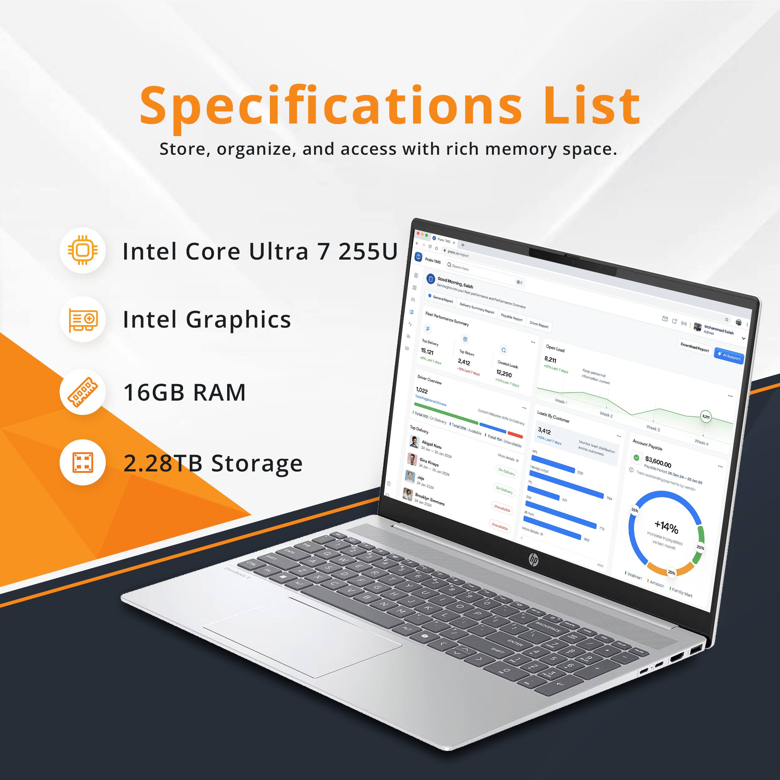 Specifications List  
Store, organize, and access with rich memory space.  

- Intel Core Ultra 7 255U  
- Intel Graphics  
- 16GB RAM  
- 2.28TB Storage