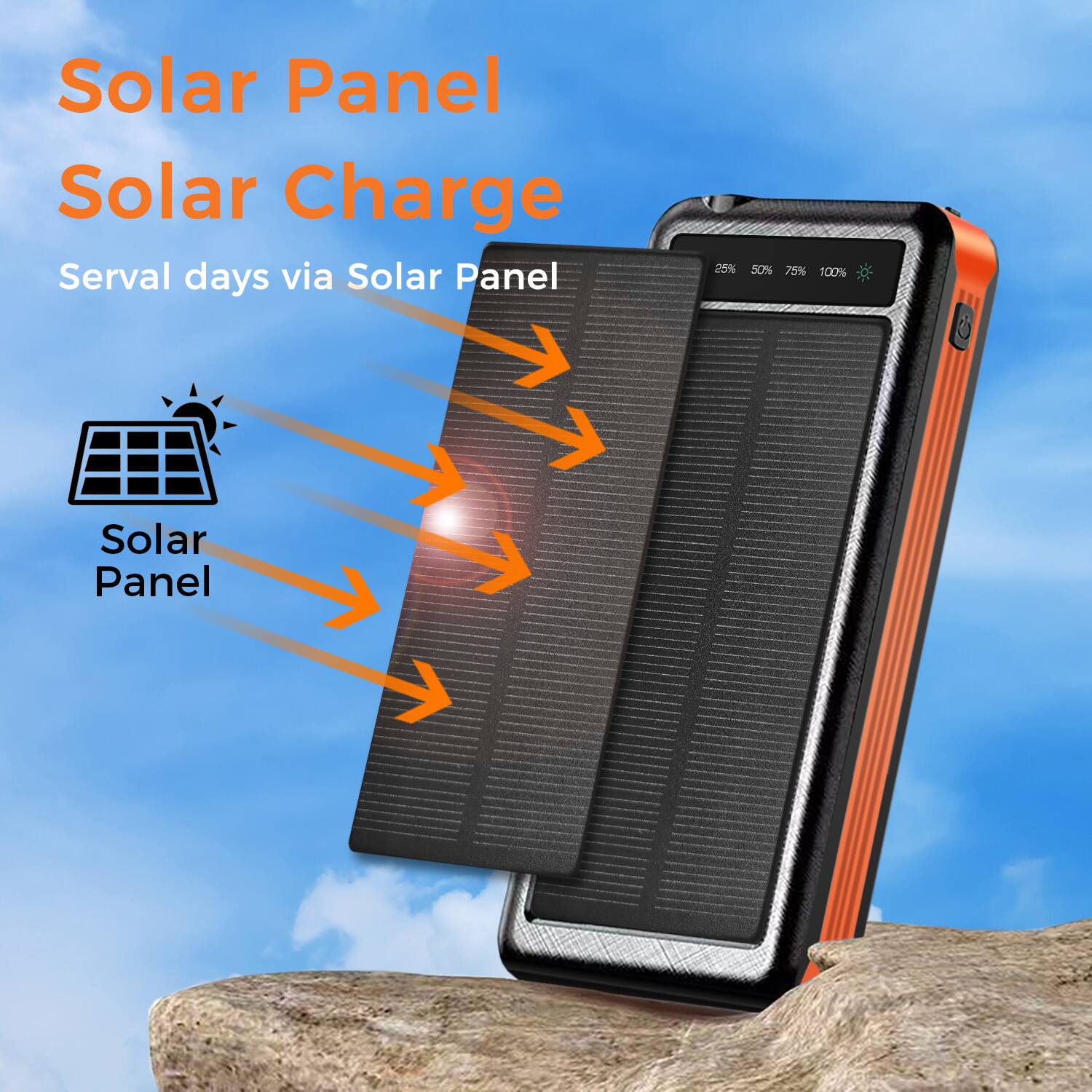 Solar Panel, Solar Charge, Serval days via Solar Panel, 25%, 50%, 75%, 100%, Solar Panel