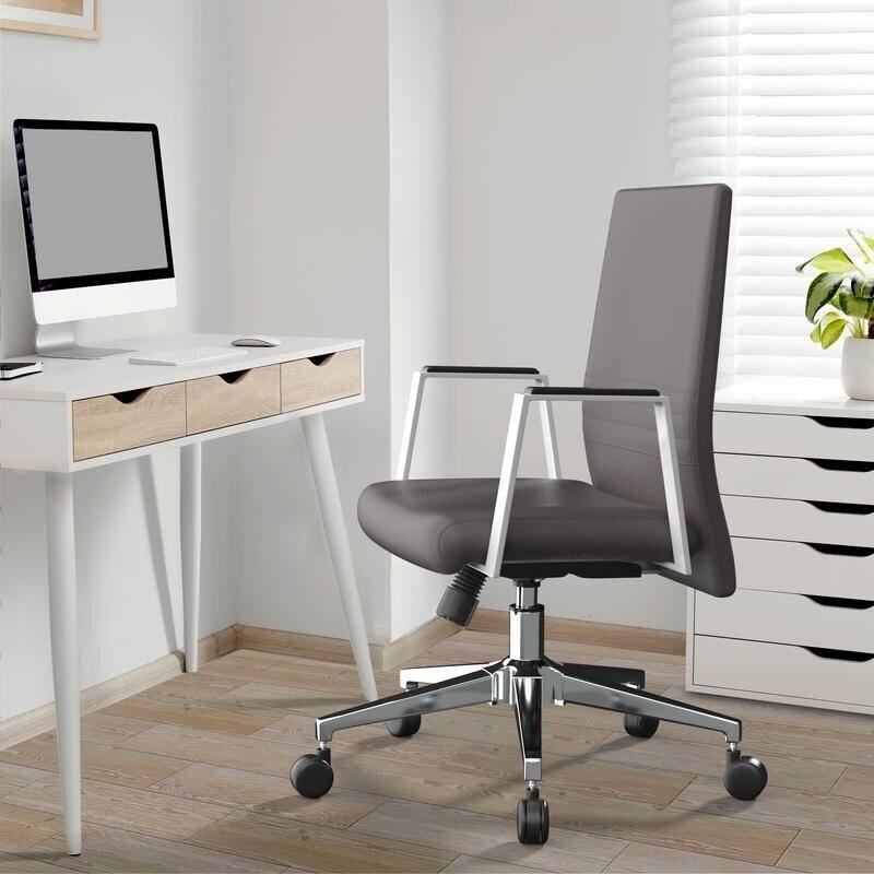 Angle. LeisureMod - Aleen Office Chair in Upholstered Leather and Iron Frame with Swivel and Tilt Comfortable Desk Chair for Home Office - Grey.