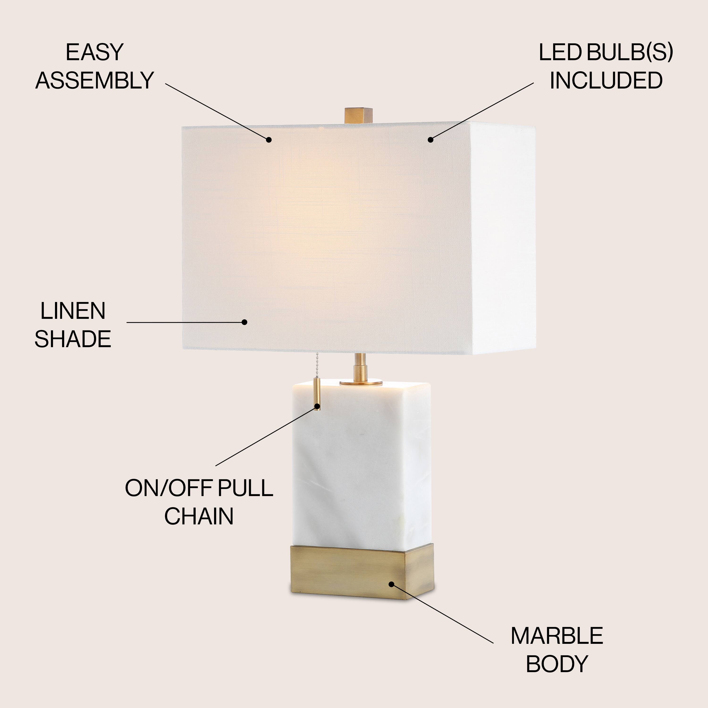 EASY ASSEMBLY  
LED BULB(S) INCLUDED  
LINEN SHADE  
ON/OFF PULL CHAIN  
MARBLE BODY