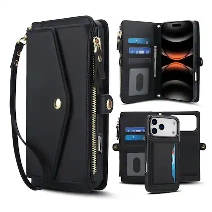 Front. Dteck - Crossbody RFID Blocking Zipper Wallet Card For Samsung Galaxy S26 Ultra Handbag Magnetic Stand Wrist Strap Case - Black.