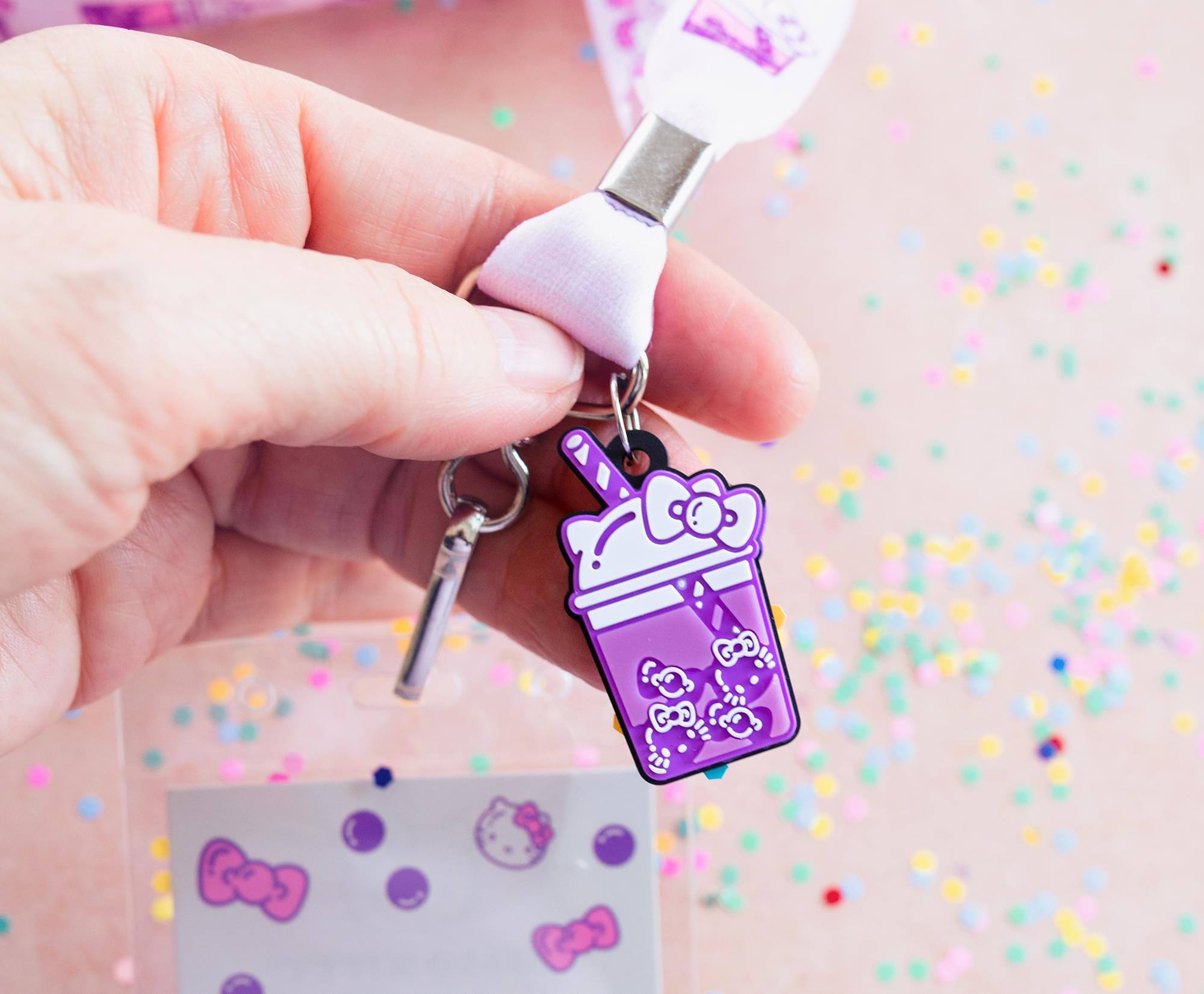 Alt View 2. Surreal Entertainment - Sanrio Hello Kitty and Keroppi Boba Tea Lanyards With Badge Holders | Set of 2 - Purple.