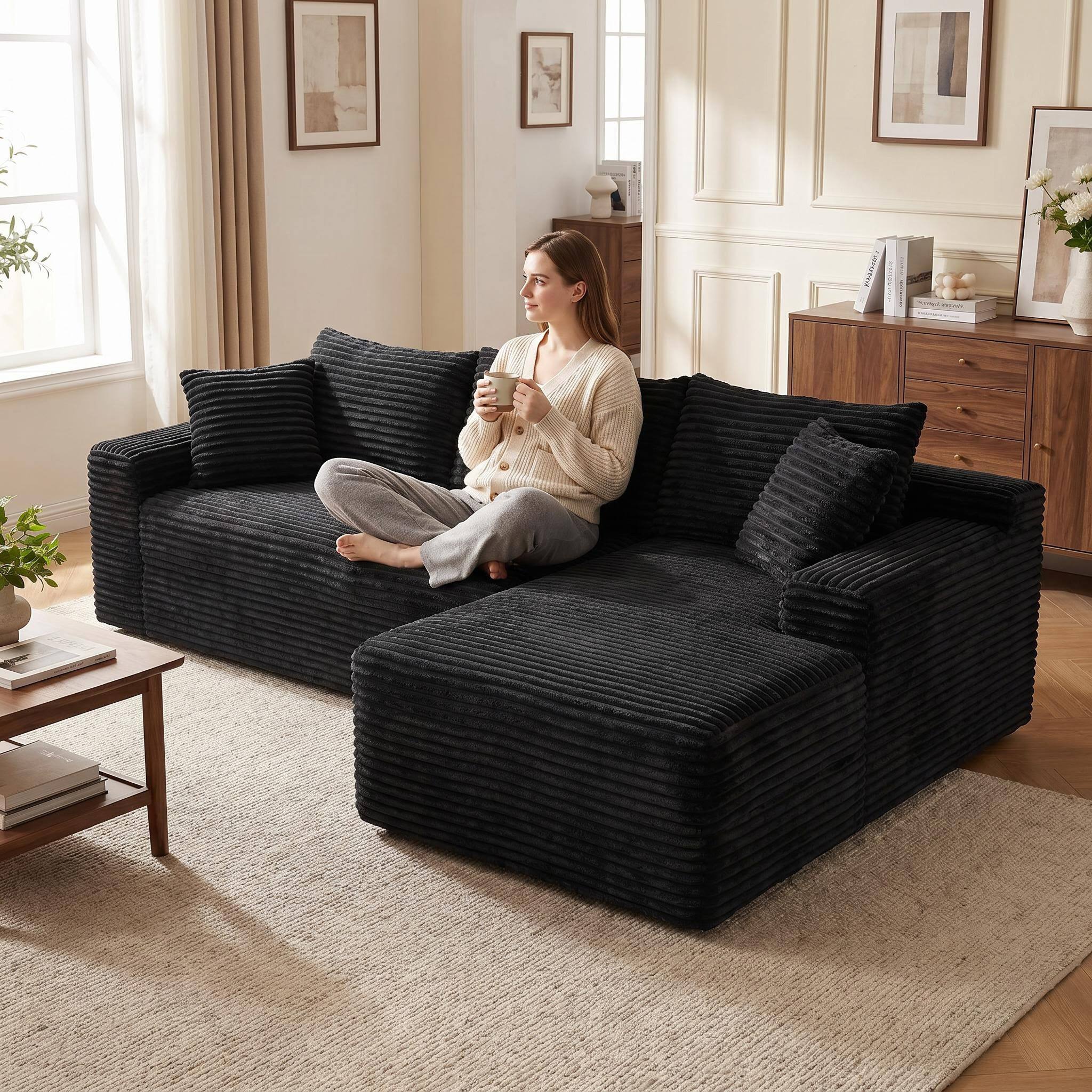 Alt View 5. Meqiodas - 94.5" Modular Sectional Sofa, Convertible Sofa Bed, No Assembly Required Cloud Couch with Deep Seat, for Living Room - Black.