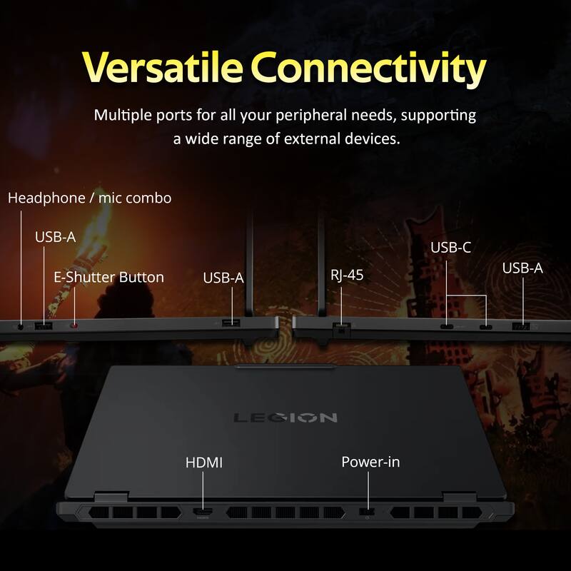Versatile Connectivity  
Multiple ports for all your peripheral needs, supporting a wide range of external devices.  

Headphone / mic combo  
USB-A  
E-Shutter Button  
USB-A  
RJ-45  
USB-C  
USB-A  

HDMI  
Power-in