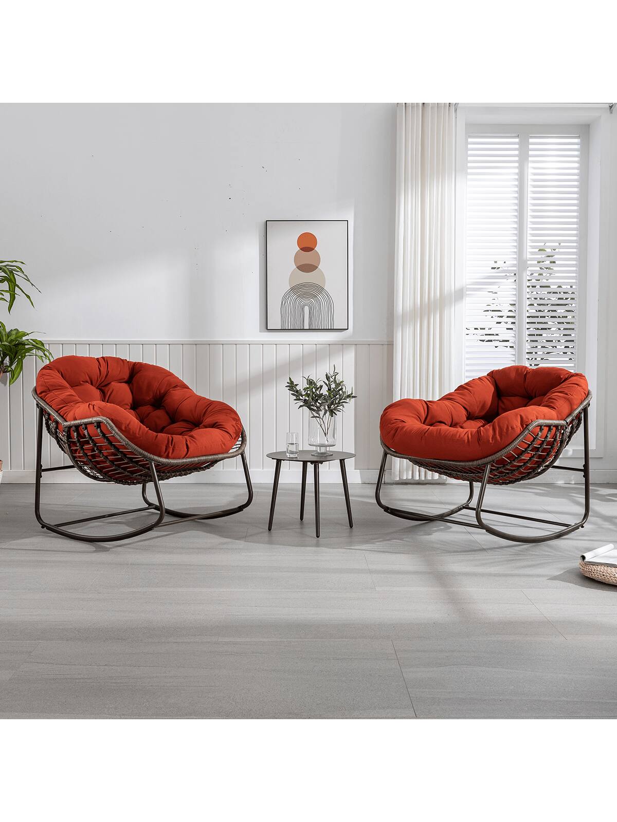 Angle. Trinkets Crazed - Outdoor Patio Rocking Chair Set Of 2,Comfy Wicker Rocker Chair With Padded Cushion,Oversized Rattan Papasan Egg Chair - Orange.