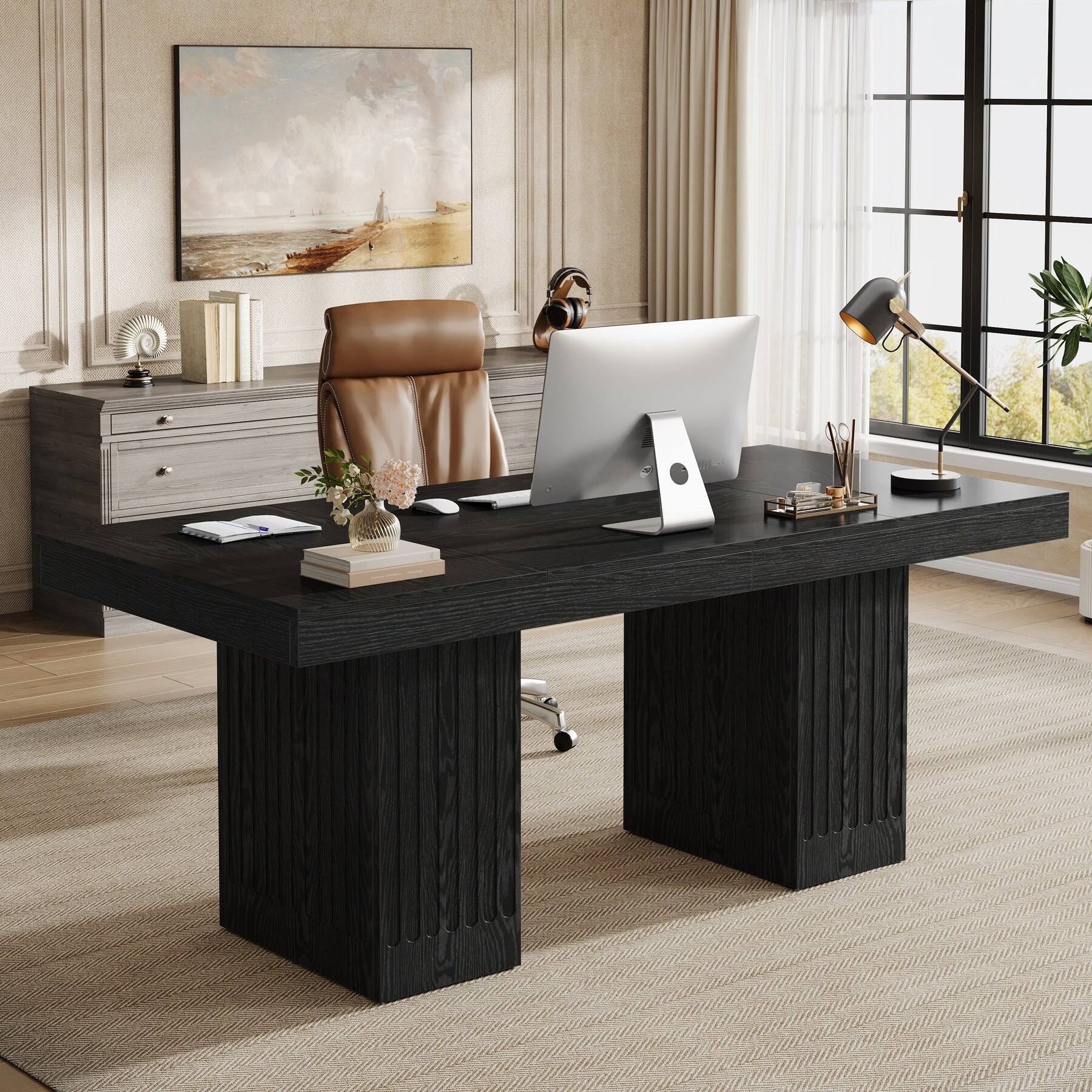Back. Tribesigns - Office Executive Desk with Pedestal Base, for Computer Work and Writing in Home Offices - Black.