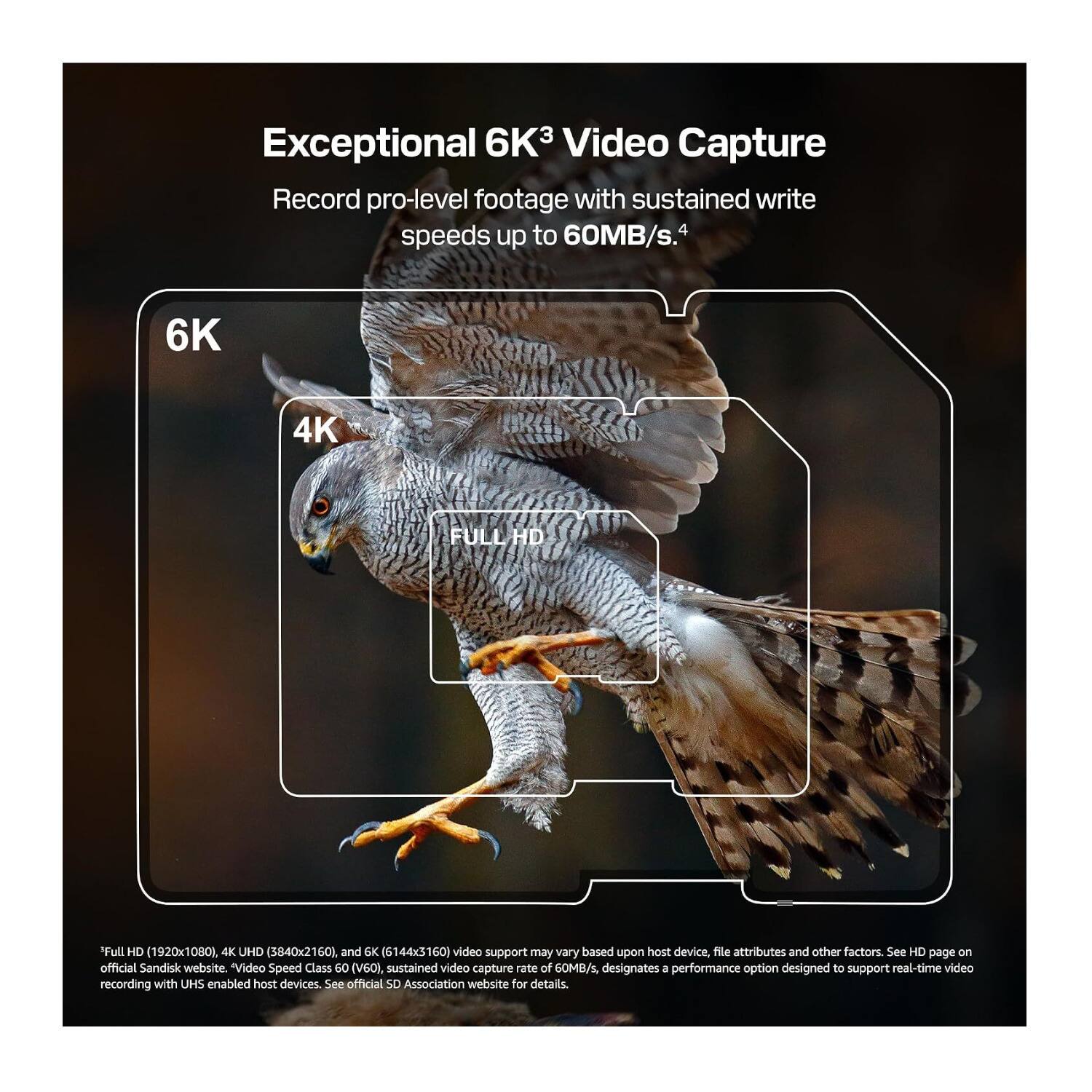 Exceptional 6K³ Video Capture  
Record pro-level footage with sustained write speeds up to 60MB/s.⁴

6K  
4K  
FULL HD  

Full HD (1920x1080), 4K UHD (3840x2160), and 6K (6144x3160) video support may vary based upon host device, file attributes and other factors. See HD page on official Sandisk website. Video Speed Class 60 (V60), sustained video capture rate of 60MB/s, designates 6 performance option designed to support real-time video recording with UHS enabled host devices. See official SD Association website for details.