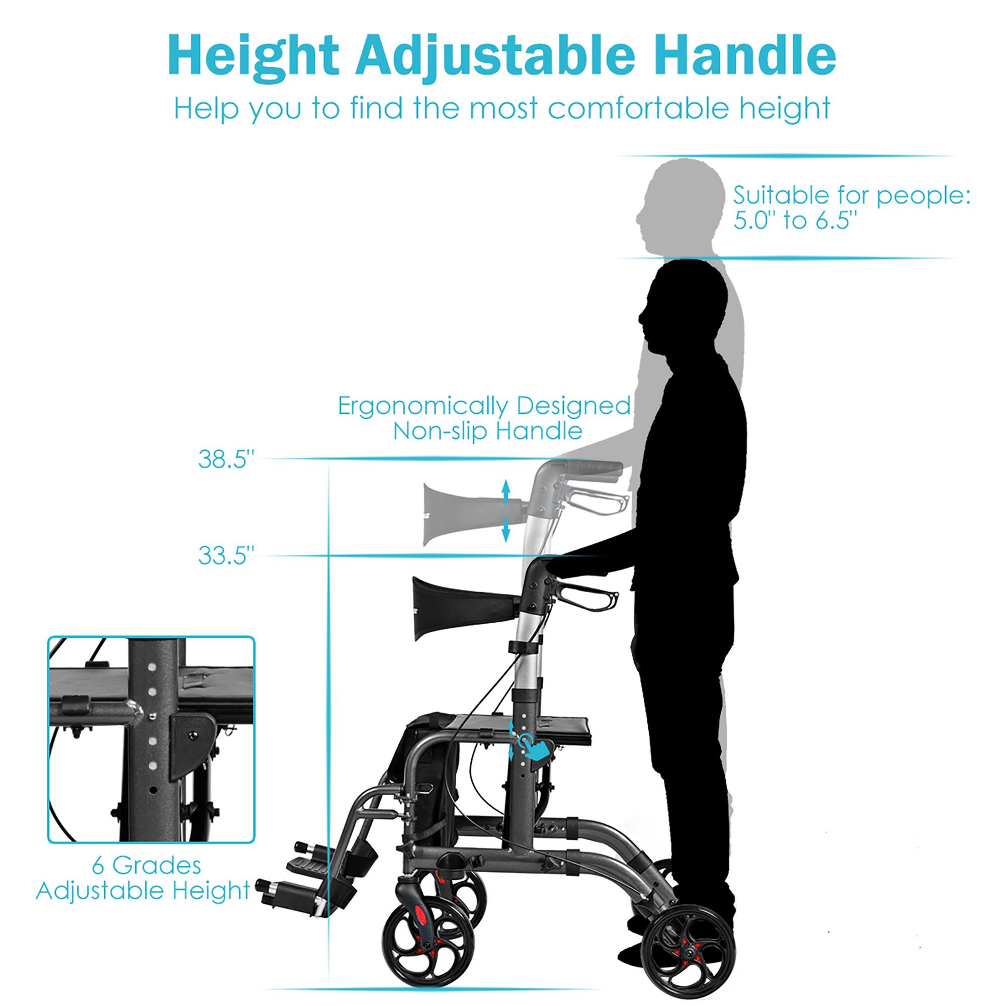 Height Adjustable Handle
Help you to find the most comfortable height
Suitable for people: 5.0" to 6.5"
Ergonomically Designed Non-slip Handle
33.5"
6 Grades Adjustable Height