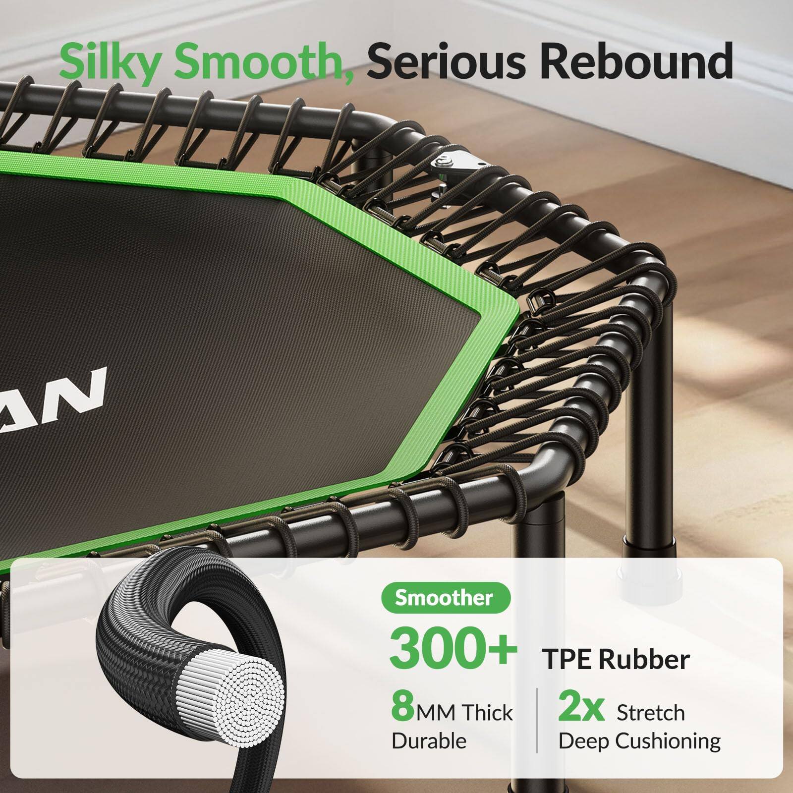 Silky Smooth, Serious Rebound  
Smoother 300+  
8MM Thick  
2x Stretch  
TPE Rubber  
Durable  
Deep Cushioning