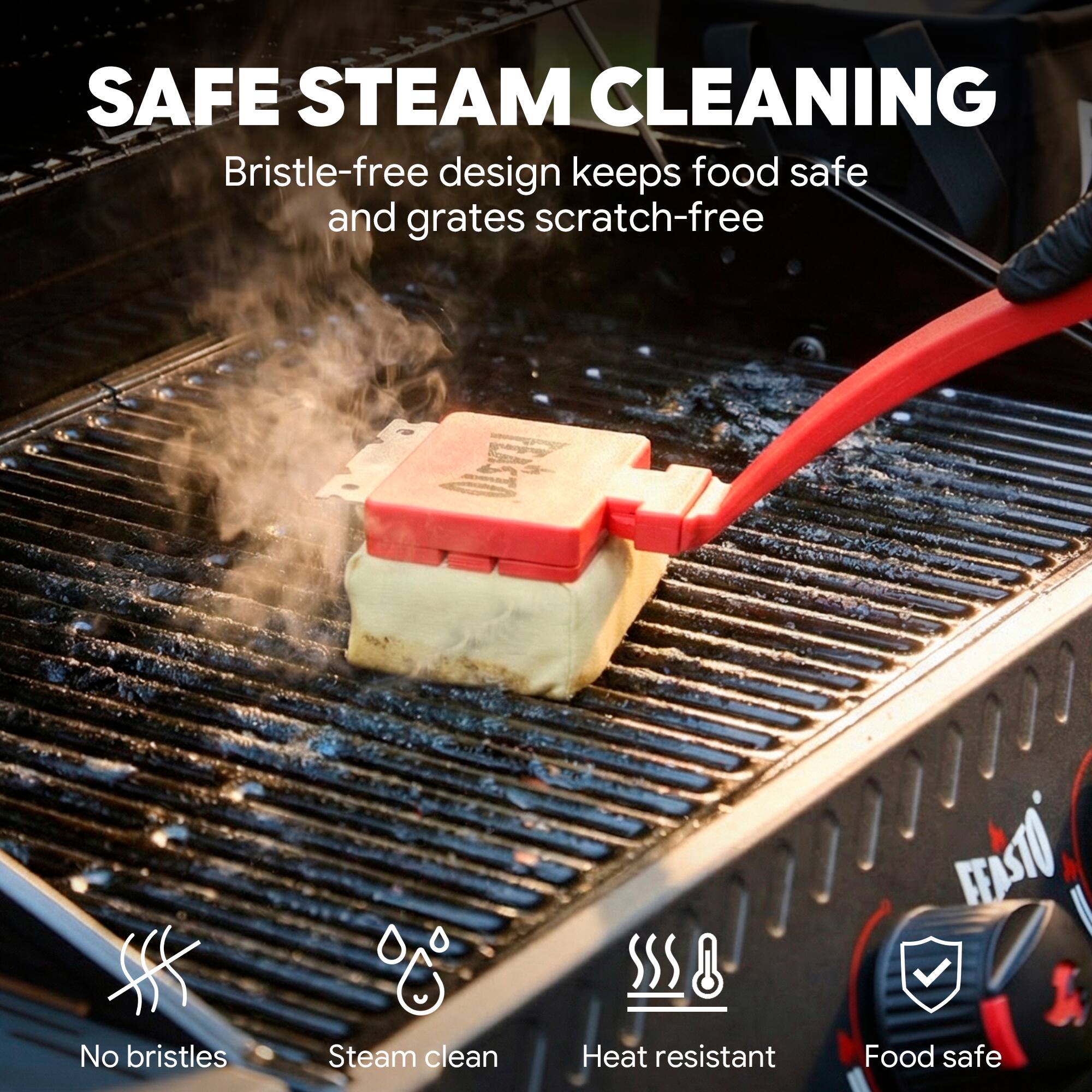 SAFE STEAM CLEANING  
Bristle-free design keeps food safe and grates scratch-free  

No bristles  
Steam clean  
Heat resistant  
Food safe