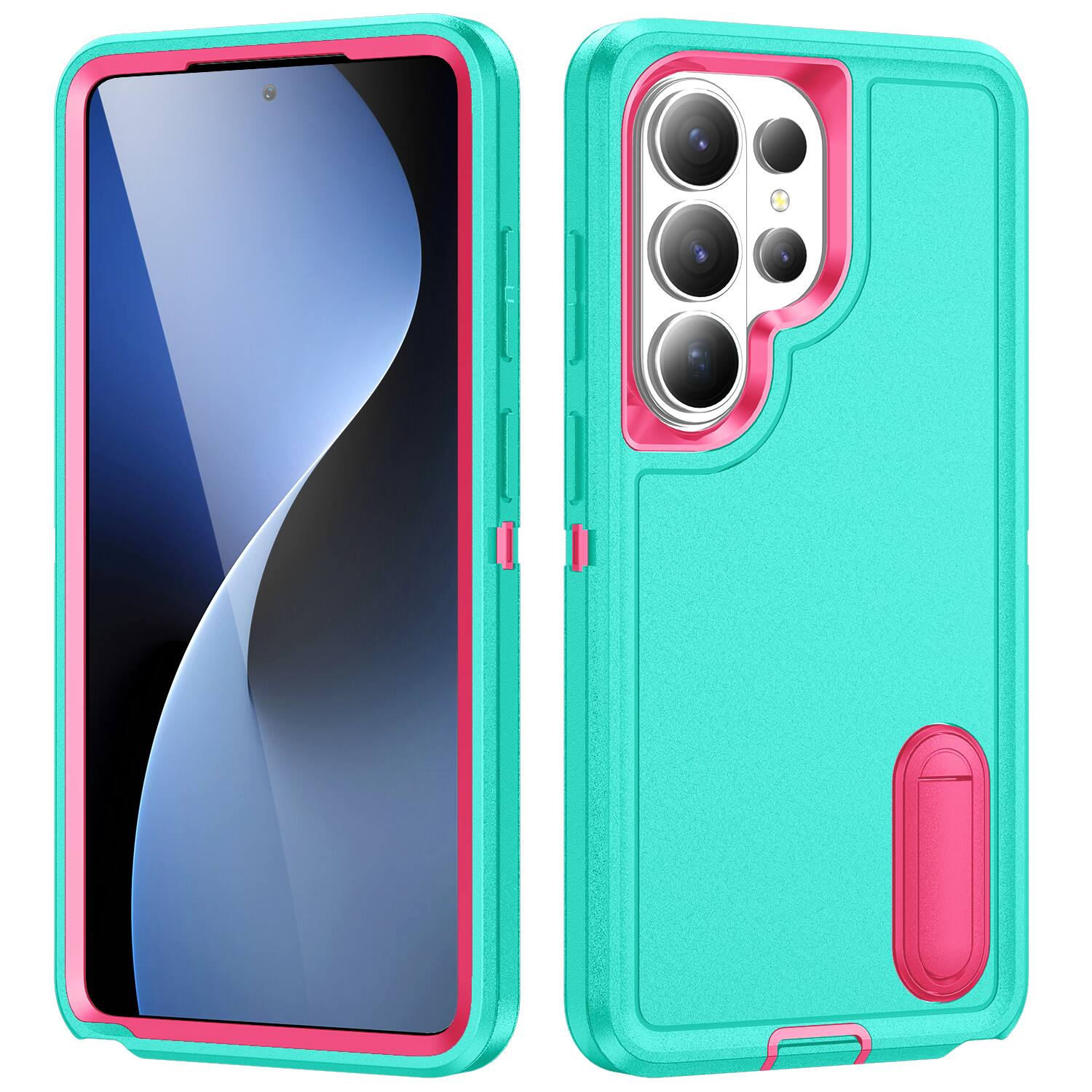 Angle. UUCOVER - Rugged Protective Case for Samsung Galaxy S26 Ultra Built in Kickstand, Shockproof Drop-Proof Dual Layer Armor Cover - Cyan+Rose-red.