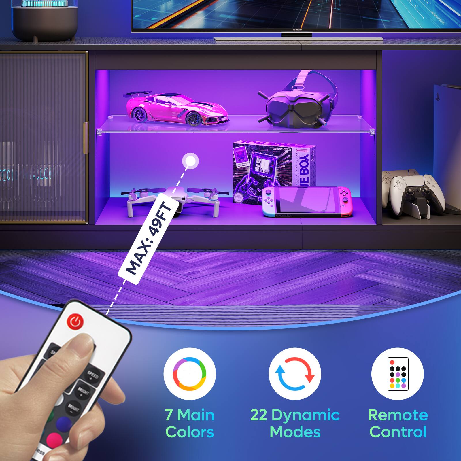 The text on the image reads: "CC 49FT MAX: 49FT MAX: BOY VE less SPEED BGHT -IGT 7 Main Colors 22 Dynamic Remote Modes Control."