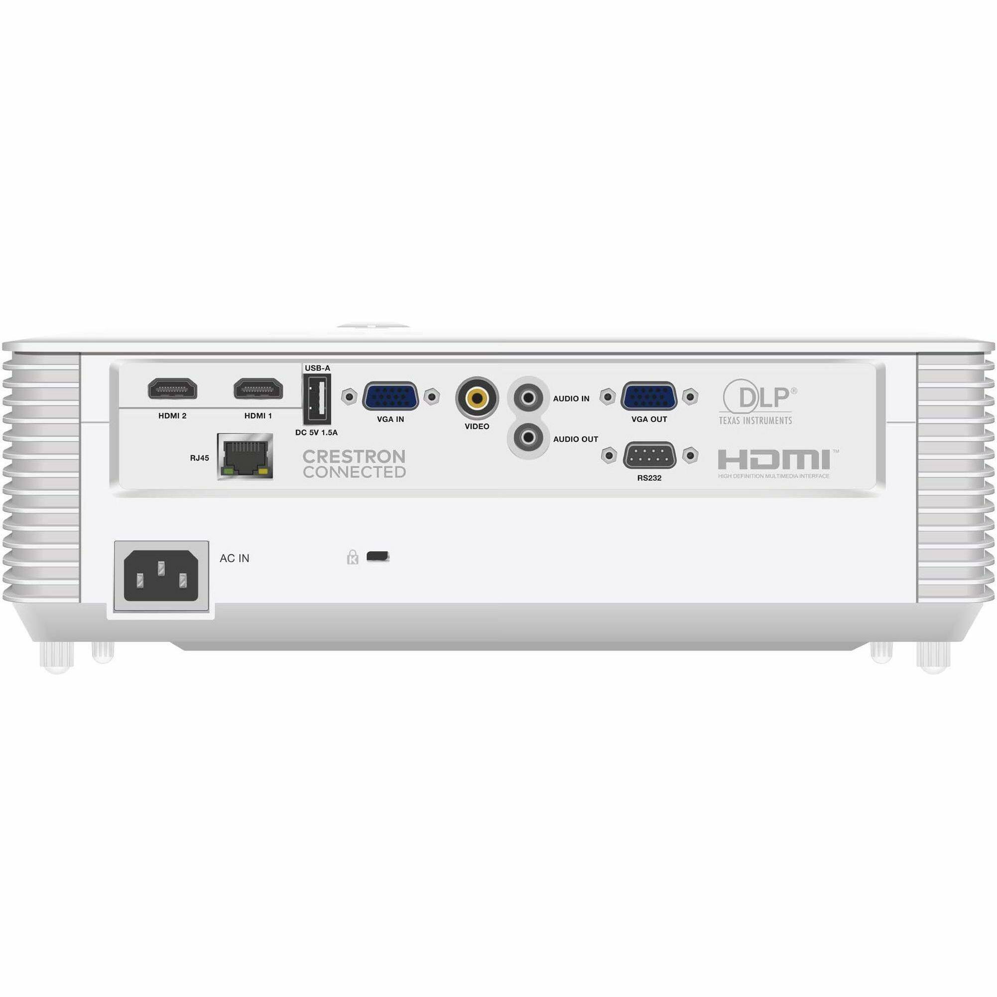 USB-A  
HDMI 2  
HDMI 1  
DC SV 1.5A  
VGA IN  
VIDEO  
RJ45  
CRESTRON CONNECTED  
AC IN  

AUDIO IN  
AUDIO OUT  
VGA OUT  
RS232  
DLP  
TEXAS INSTRUMENTS  
HDMI  
HIGH DEFINITION MEDIA INTERFACE