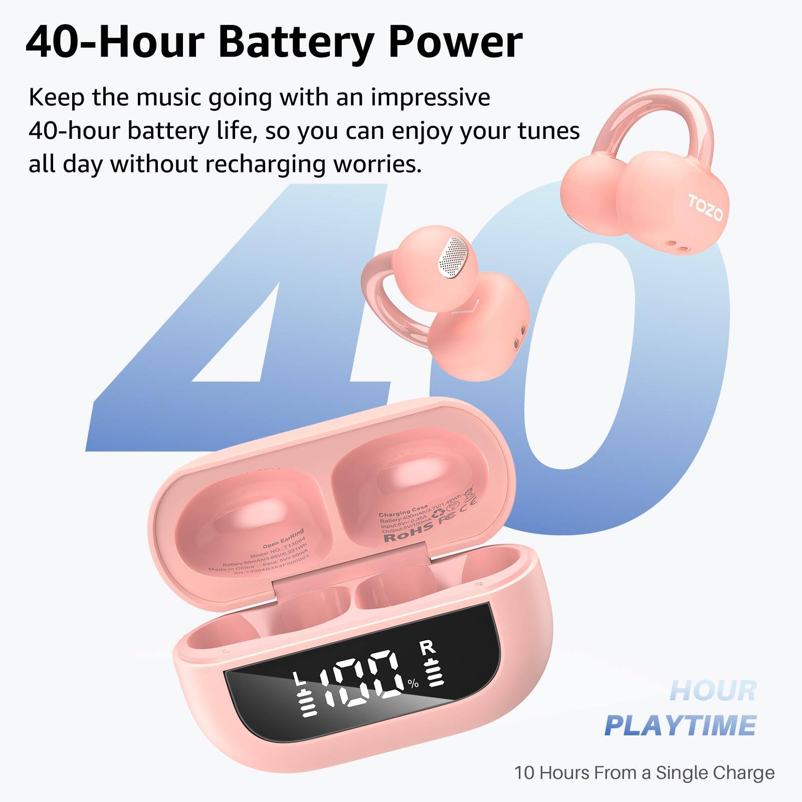 40-Hour Battery Power, Keep the music going with an impressive 40-hour battery life, so you can enjoy your tunes all day without recharging worries. TOZO 480 Charging al Addaae  PAE 95E - Earliting TEa00A ROHS SEN T sS  Naus R 130 % w HOUR PLAYTIME 10 Hours From a Single Charge