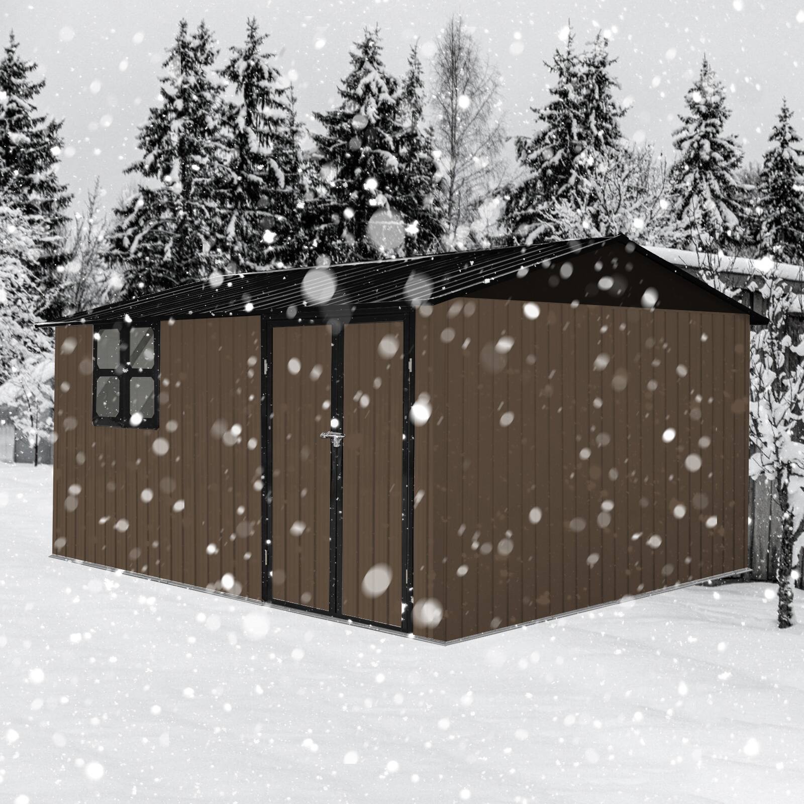Back. Mondawe - 12x10 Ft Metal Garden Sheds with Window - Brown.