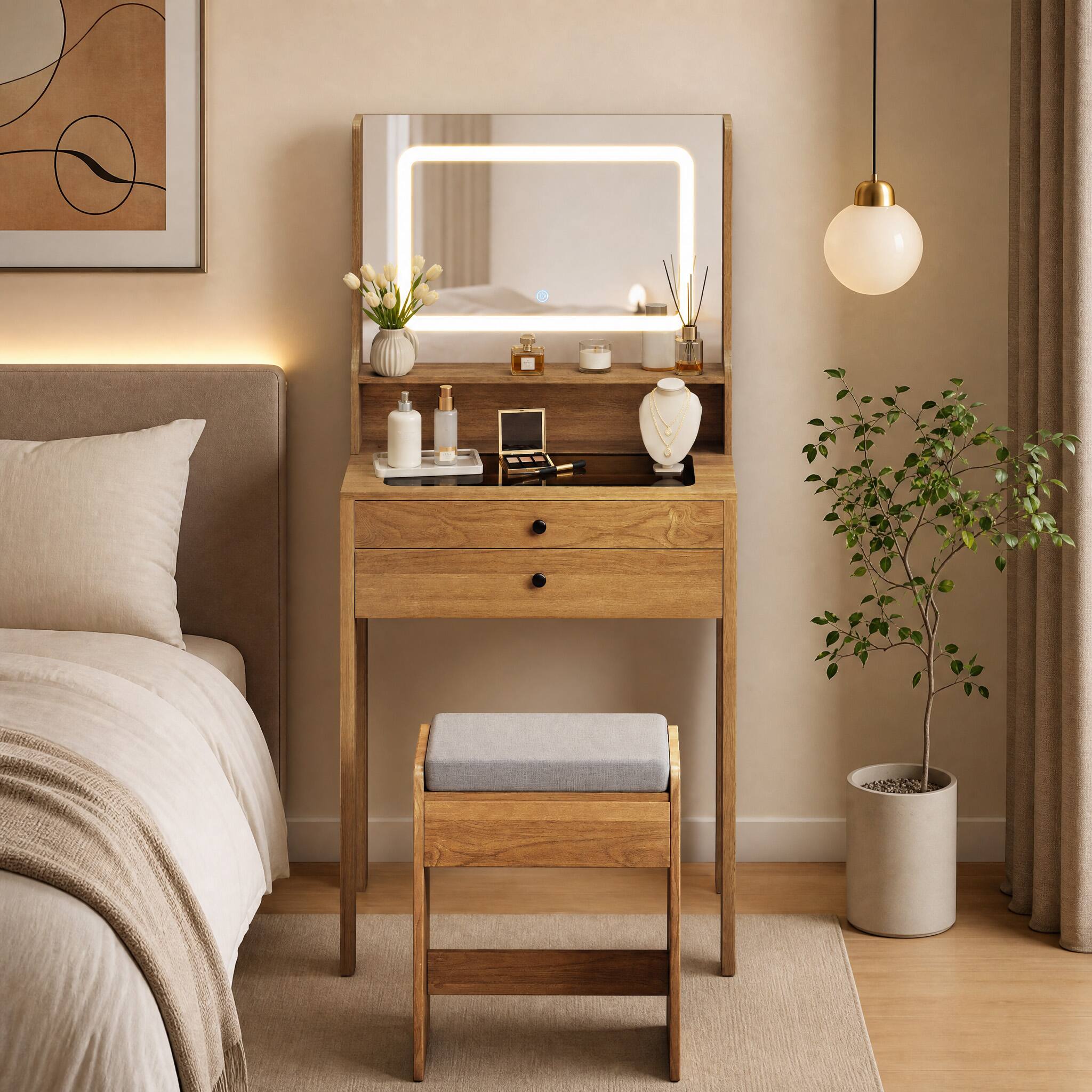 Angle. WELLFOR - Makeup Vanity Desk with 3‑Color Lighted Mirror, Built‑in Charging Station,Glass Tabletop and Padded Stool - Natural.