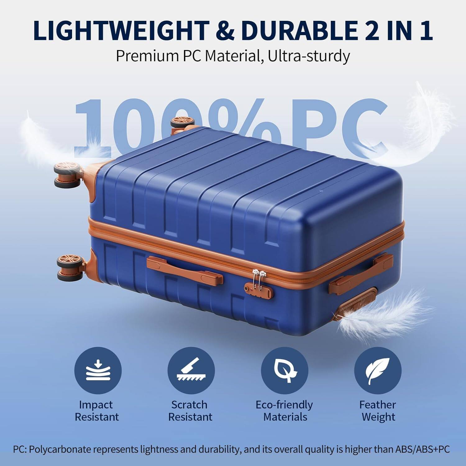 LIGHTWEIGHT & DURABLE 2 IN 1  
Premium PC Material, Ultra-sturdy  

100% PC  

Impact Resistant  
Scratch Resistant  
Eco-friendly Materials  
Feather Weight  

PC: Polycarbonate represents lightness and durability, and its overall quality is higher than ABS/ABS+PC