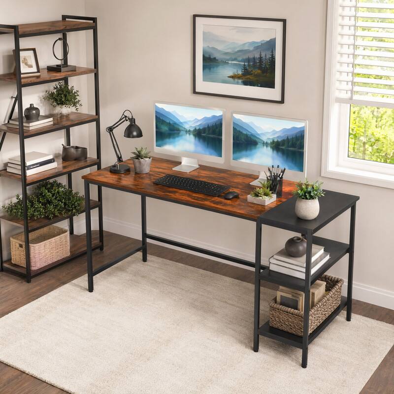 Angle. WELLFOR - 55" Industrial Computer Desk with Storage Shelves, Home Office Desk Study Writing Desk - Brown.