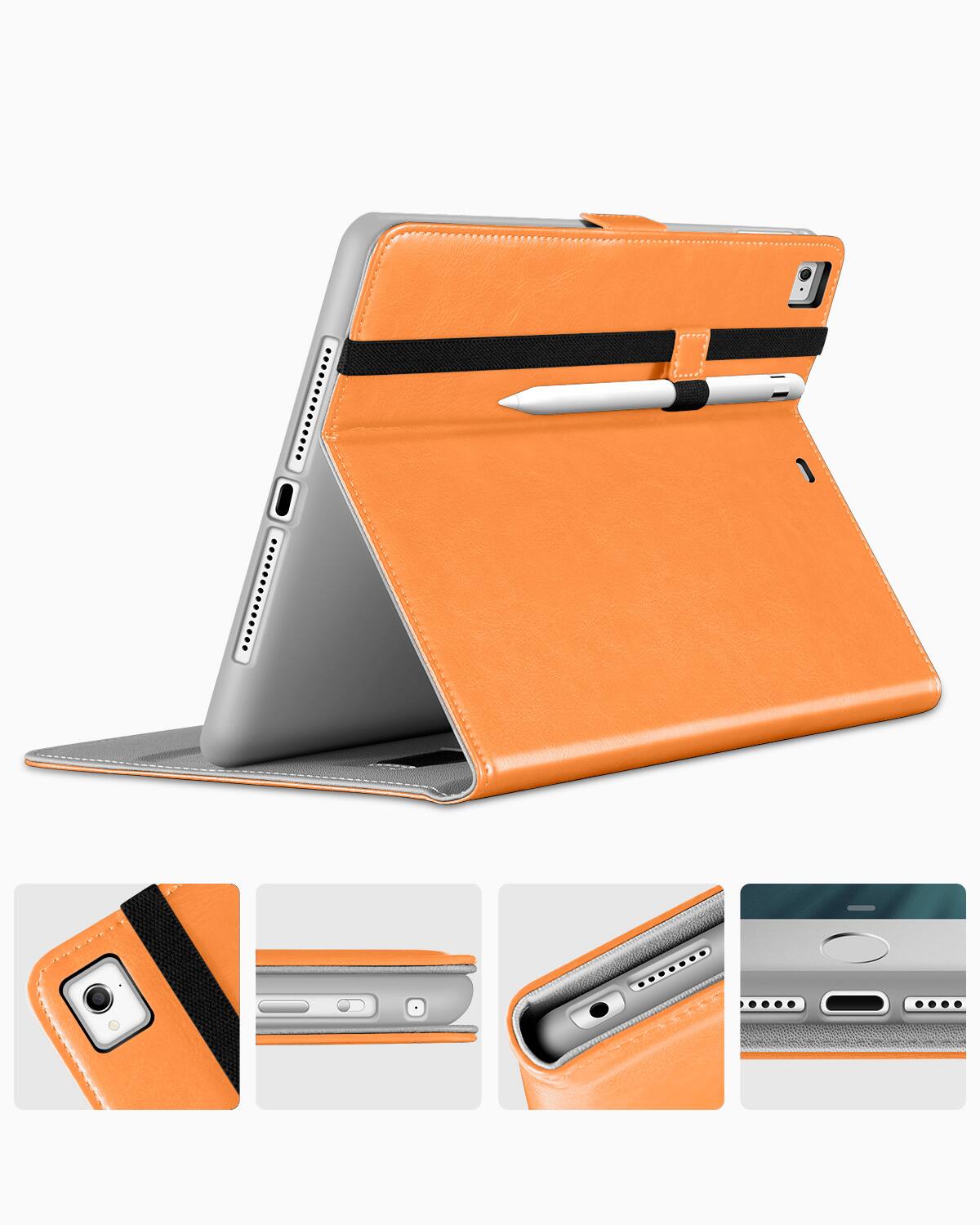 Left. DTTO - for iPad 9.7 Inch 5th/6th Gen 2018/2017 Case with Apple Pencil Holder, Premium Leather Folio Stand Cover Case - Orange.