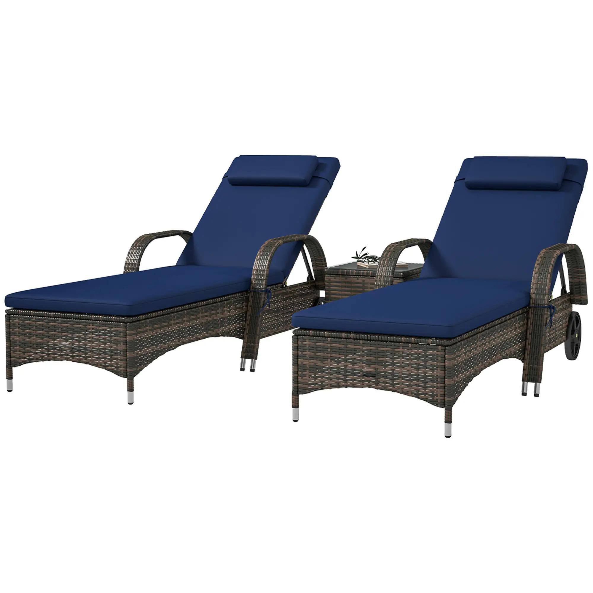 Front. Spaco - Spaco 3PCS Wicker Chaise Lounge Set,Adjustable Rattan Chairs,Cushions,Table - Dark Blue.