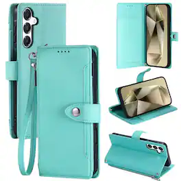 Dteck - Wallet Case for Samsung Galaxy S25 FE Crossbody Premium Leather Flip Kickstand Zipper Card Slot Cover With Strap+Lanyard - Mint