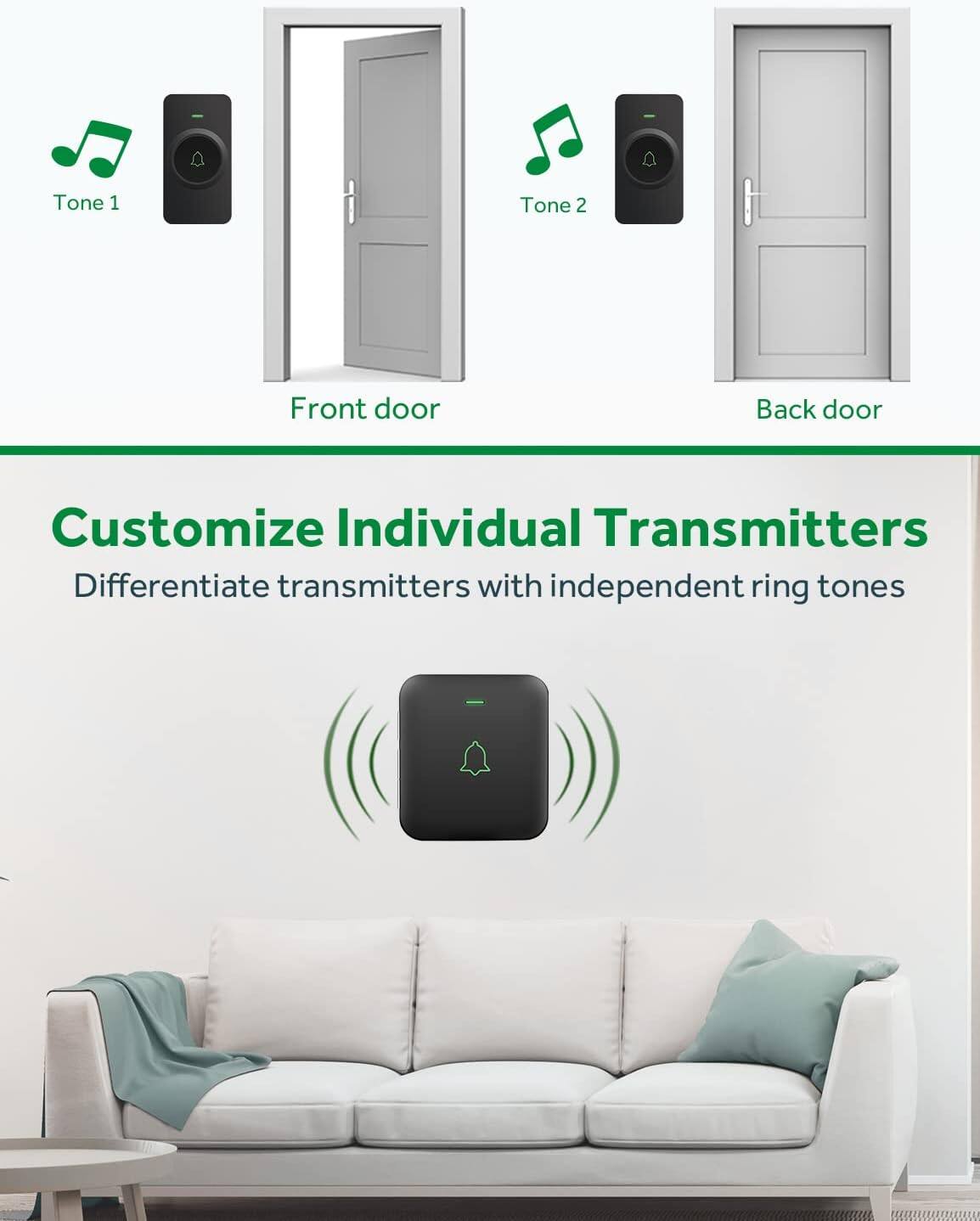 Tone 1  
Front door  

Tone 2  
Back door  

Customize Individual Transmitters  
Differentiate transmitters with independent ring tones