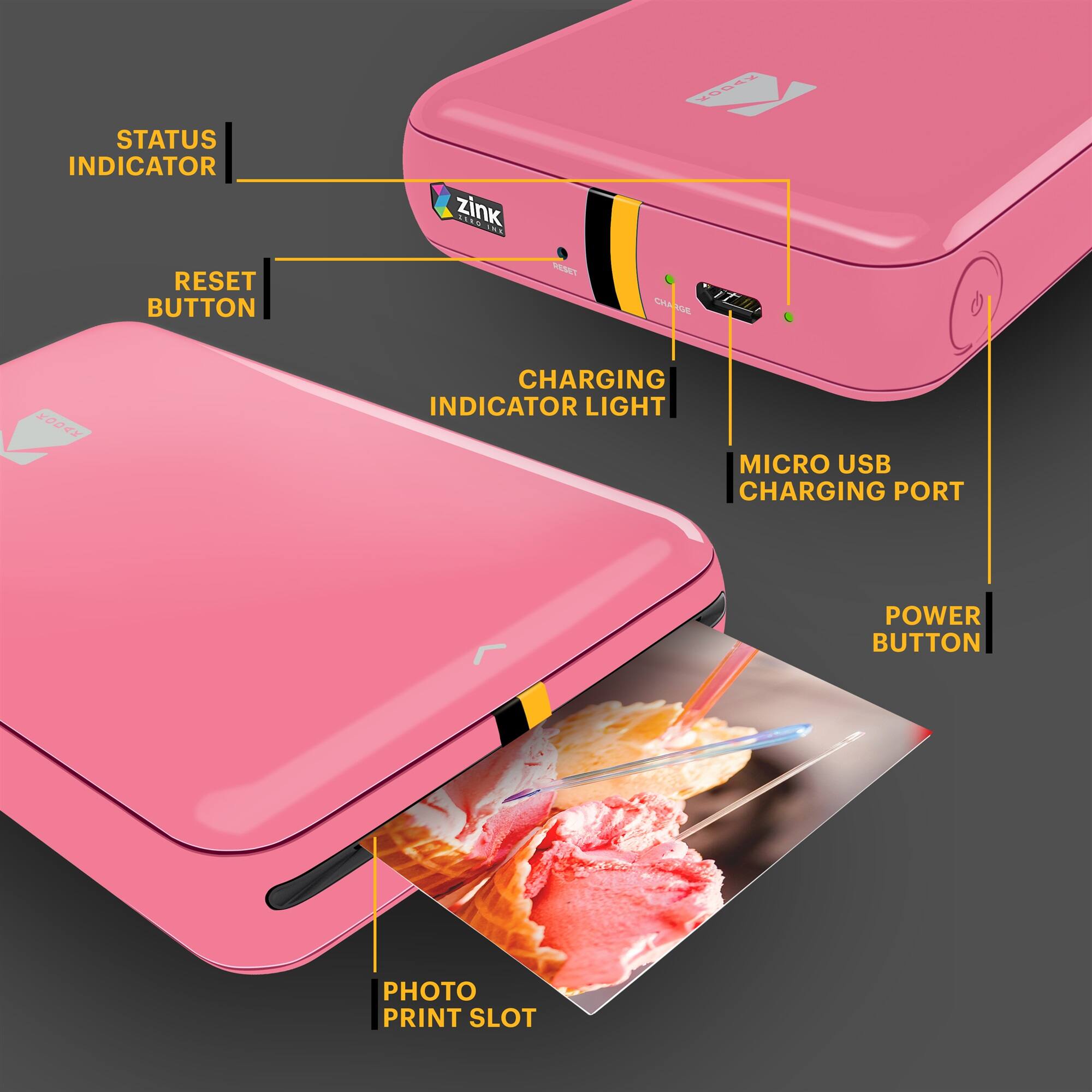 STATUS INDICATOR zink RESET BUTTON CHARGING INDICATOR LIGHT MICRO USB CHARGING PORT POWER BUTTON PHOTO PRINT SLOT