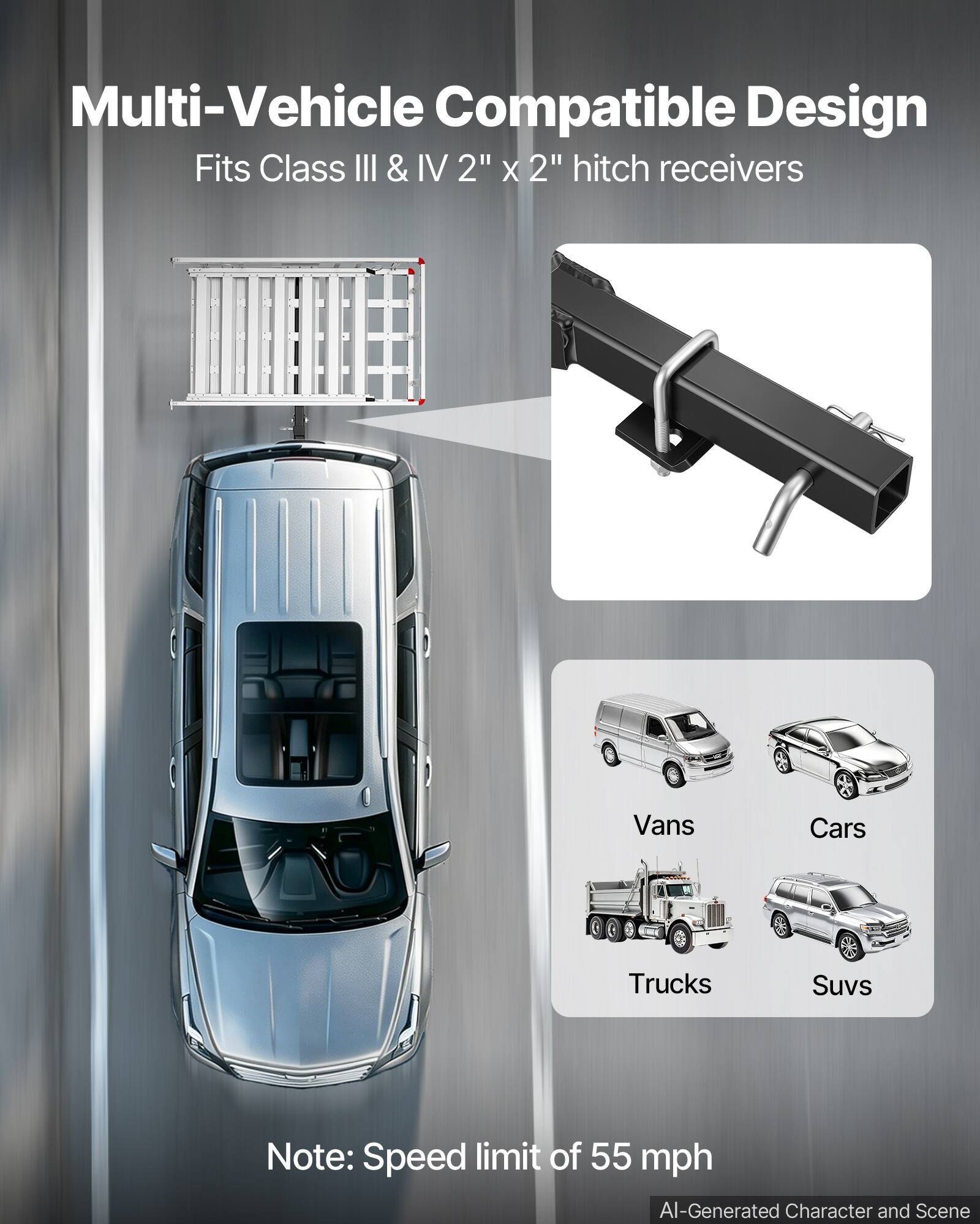 Multi-Vehicle Compatible Design  
Fits Class III & IV 2" x 2" hitch receivers  

Vans  
Cars  
Trucks  
SUVs  

Note: Speed limit of 55 mph  

AI-Generated Character and Scene
