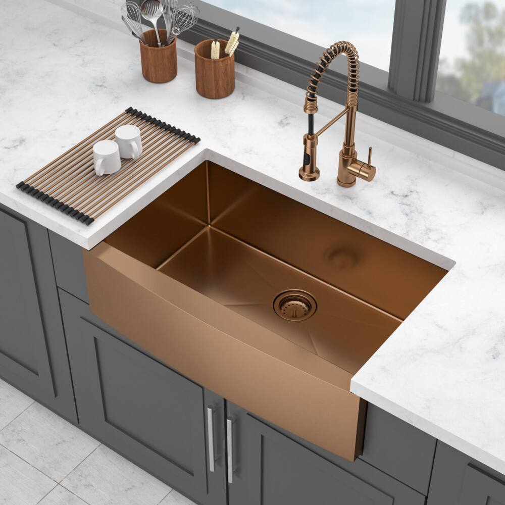 Angle. JUJABU - 33 in. Rose Gold Stainless Steel Kitchen Sink 16 gauge Apron Front - Rose Gold.