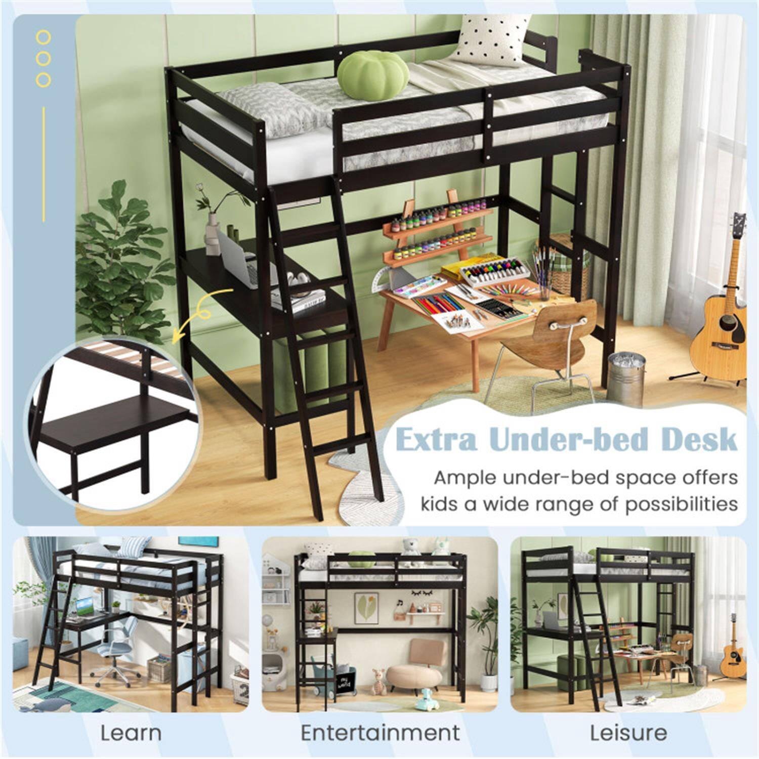 Extra Under-bed Desk

Ample under-bed space offers kids a wide range of possibilities

Learn  
Entertainment  
Leisure
