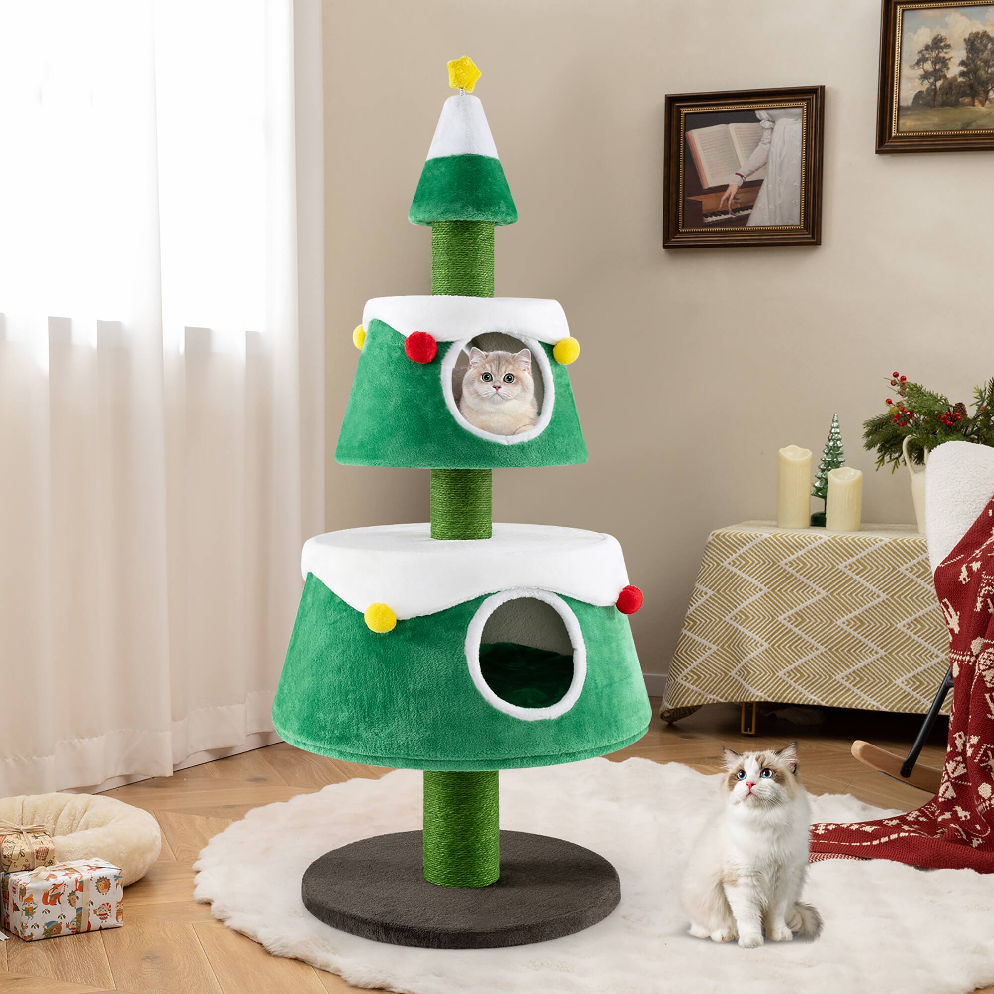Alt View 3. Gymax - Gymax Christmas Cat Tree for Indoor Cats w/ 2 Condos Sisal Scratching Posts Spring Toy - GYM15508.